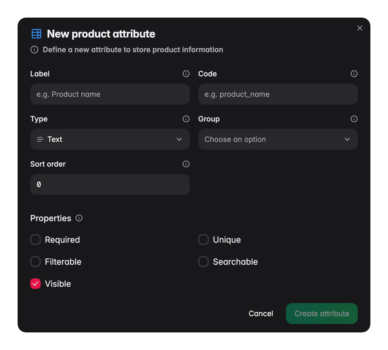 WISEPIM new attribute modal with label, code, type and required/filterable/searchable options