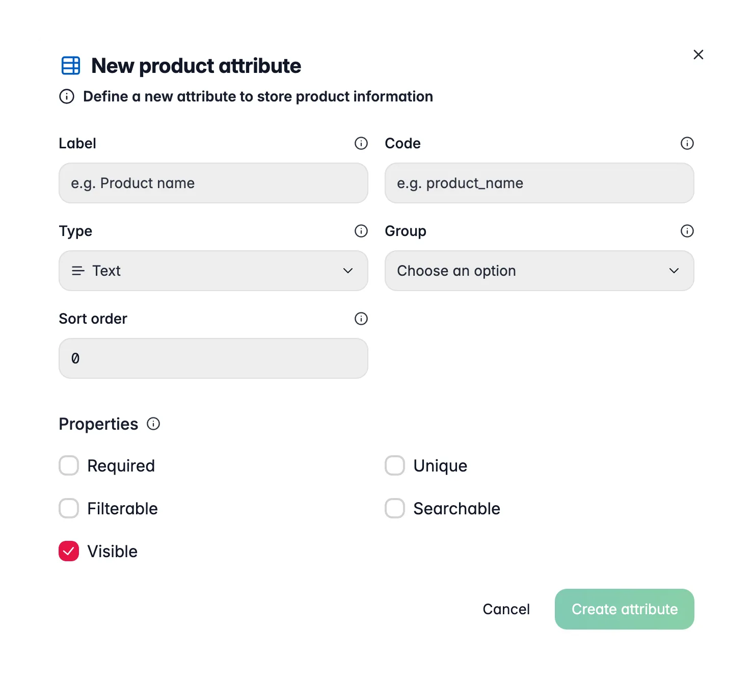 WISEPIM new attribute modal with label, code, type and required/filterable/searchable options