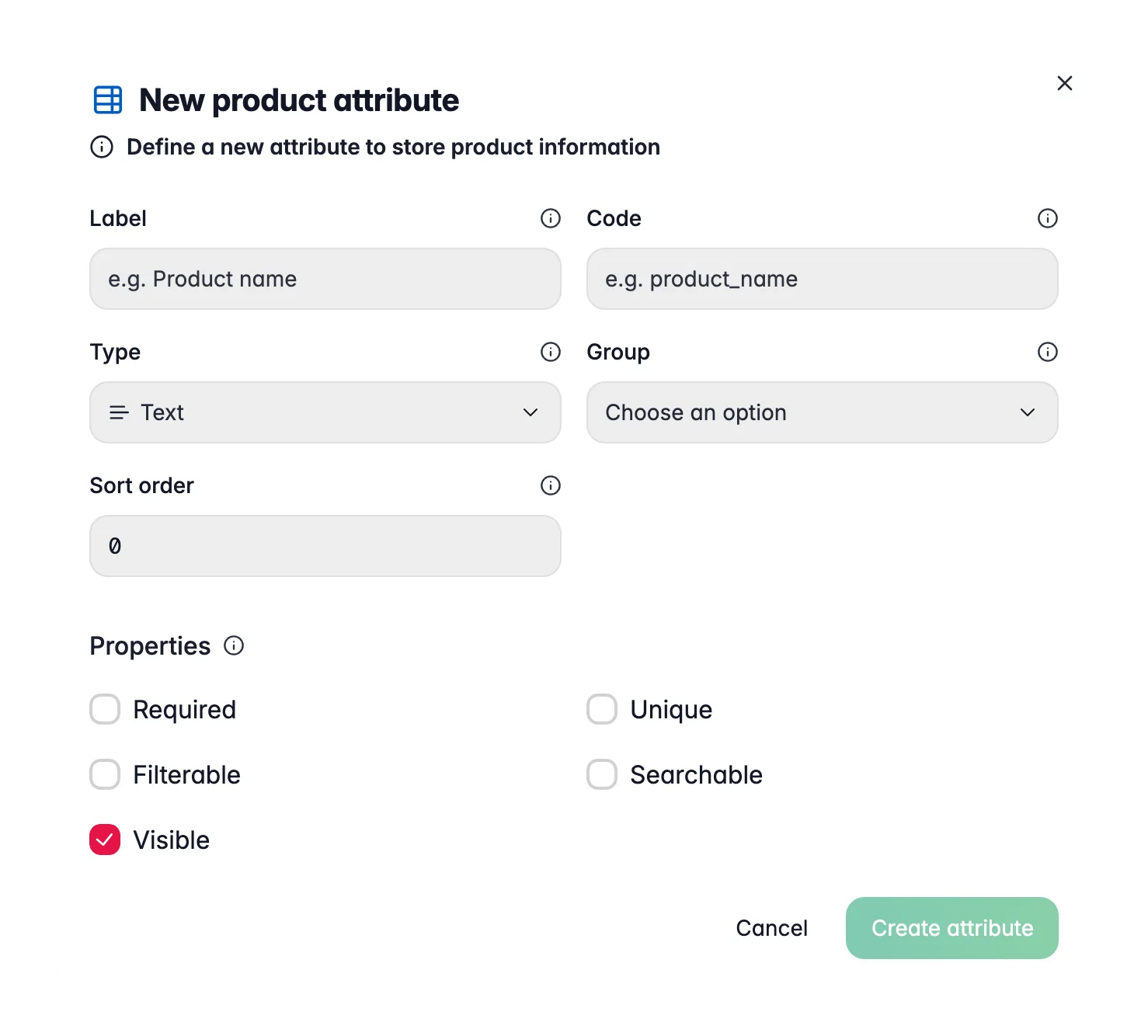 WISEPIM new attribute modal with label, code, type and required/filterable/searchable options