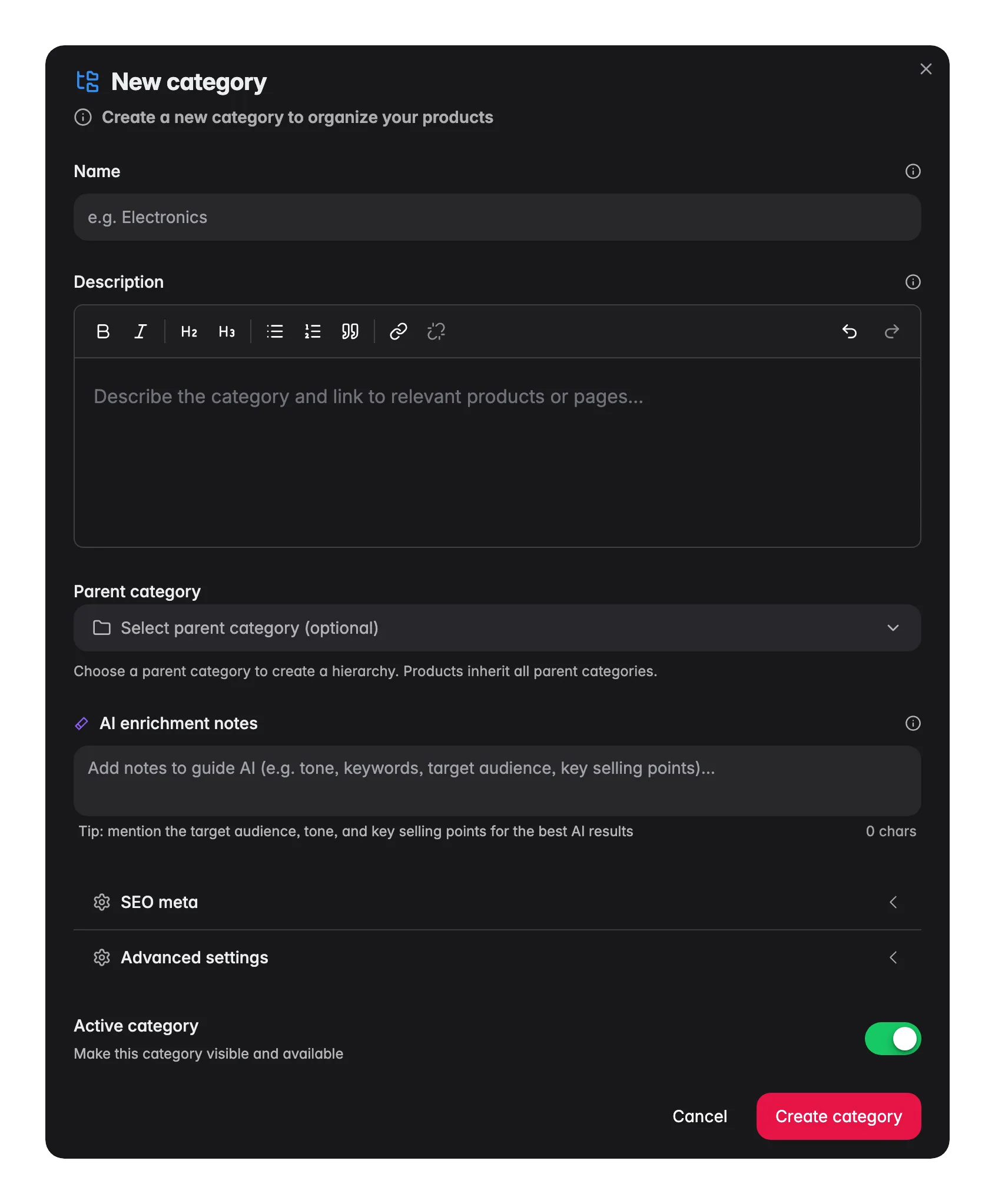 WISEPIM new category modal with name, path and parent for building the category tree