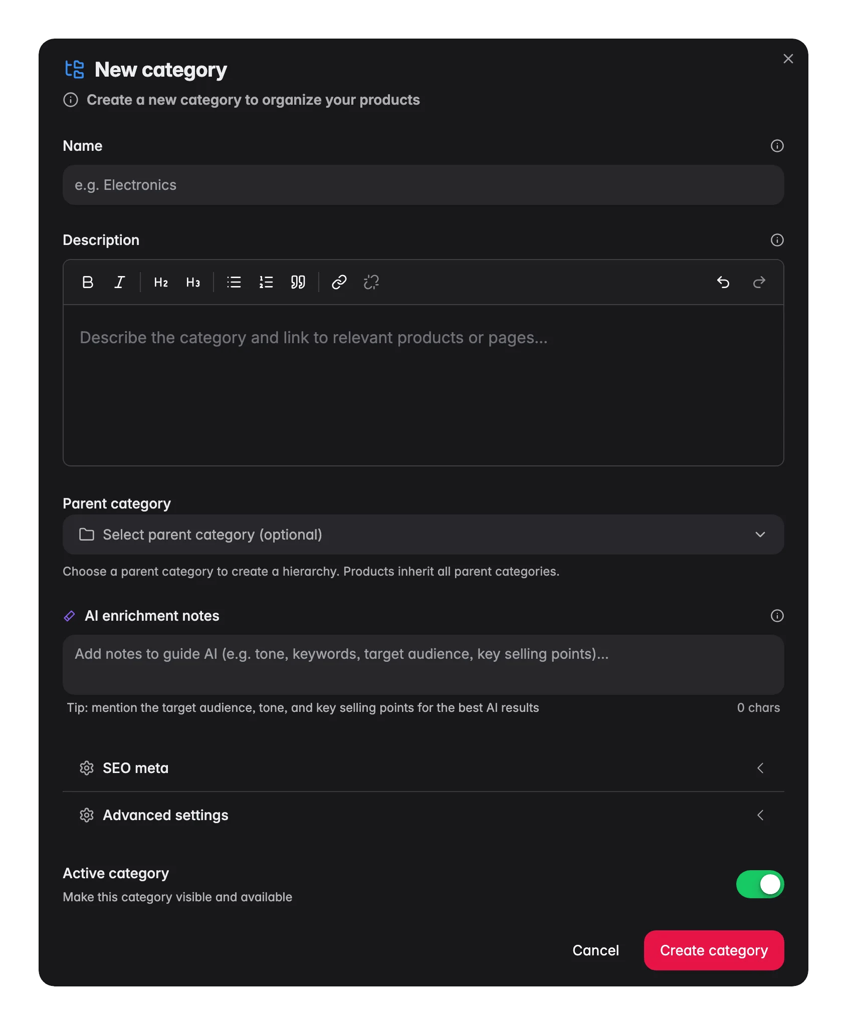 WISEPIM new category modal with name, path and parent for building the category tree