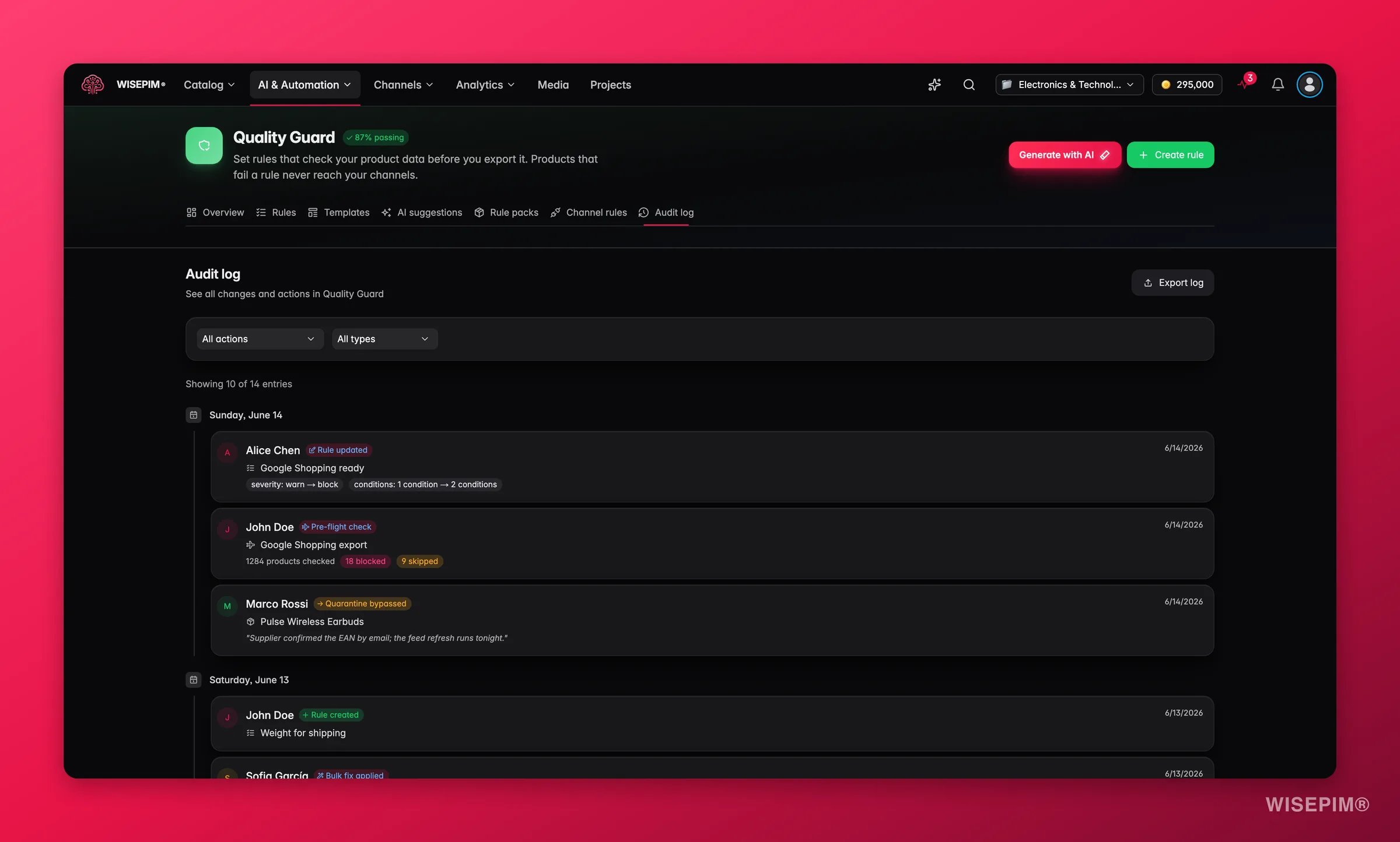 WISEPIM Quality Guard audit log, a timeline of rule, template and compliance events