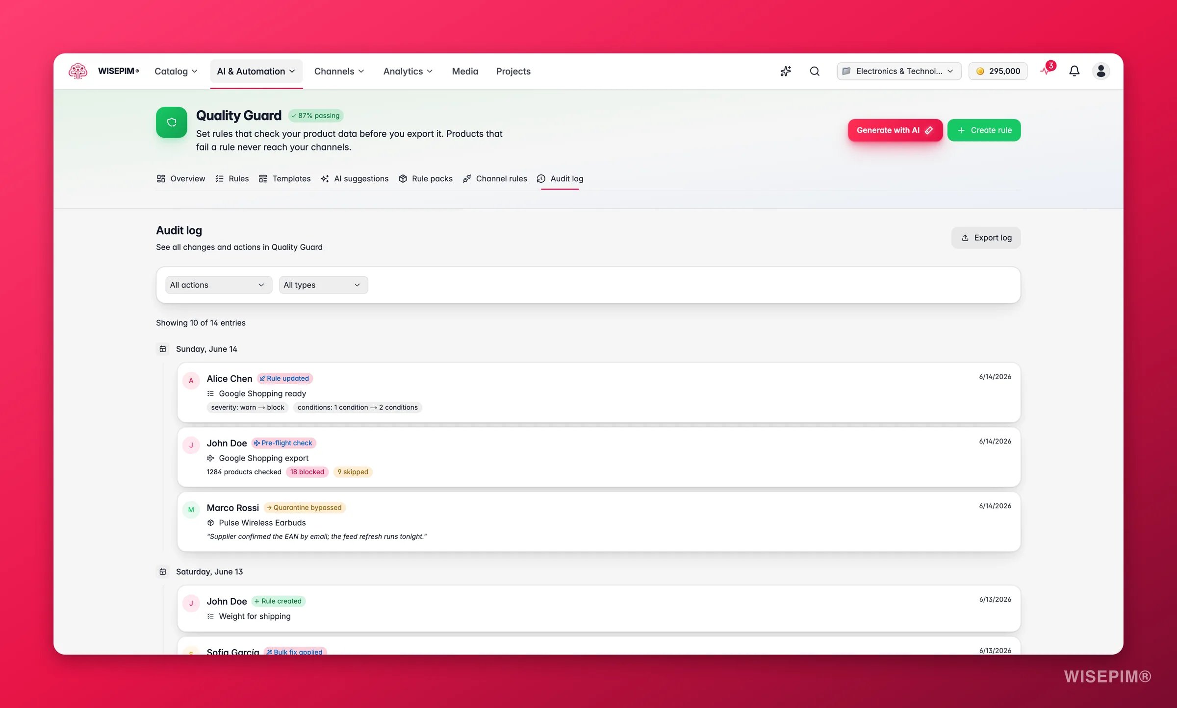 WISEPIM Quality Guard audit log, a timeline of rule, template and compliance events