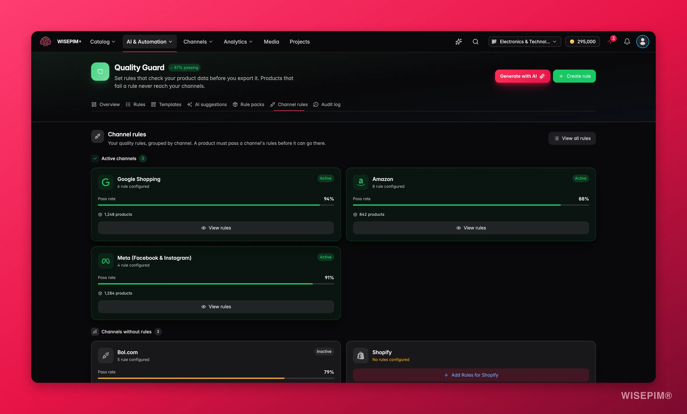 WISEPIM Quality Guard per-channel rule sets with compliance rate and coverage