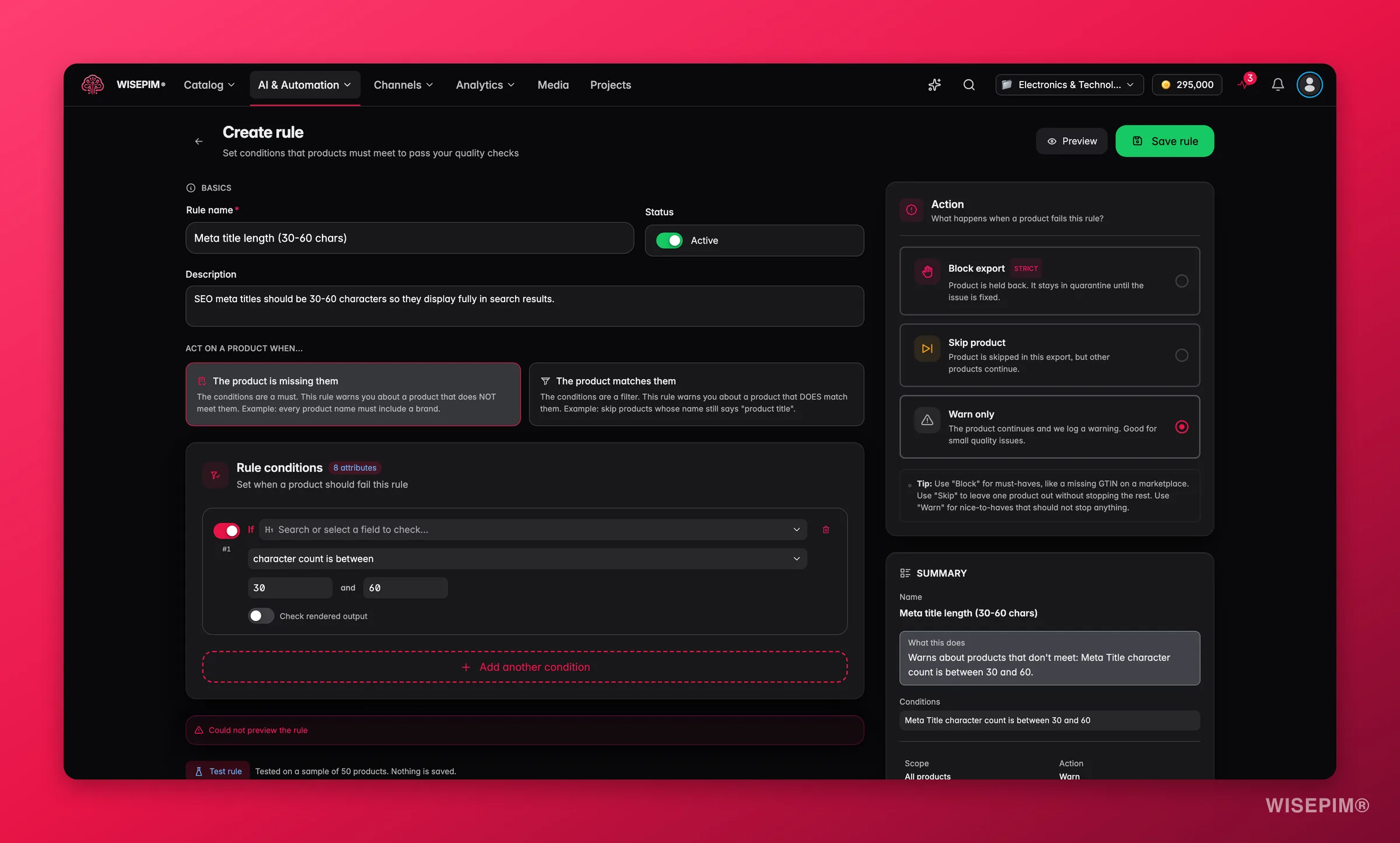 WISEPIM Quality Guard rule builder configuring a meta-title length check with warn severity