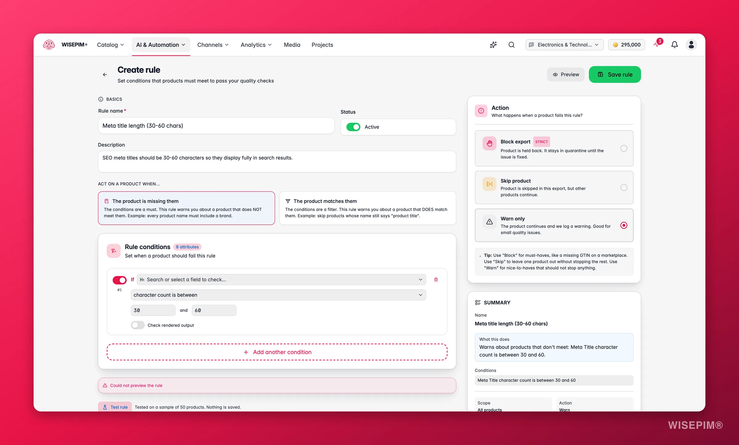 WISEPIM Quality Guard rule builder configuring a meta-title length check with warn severity