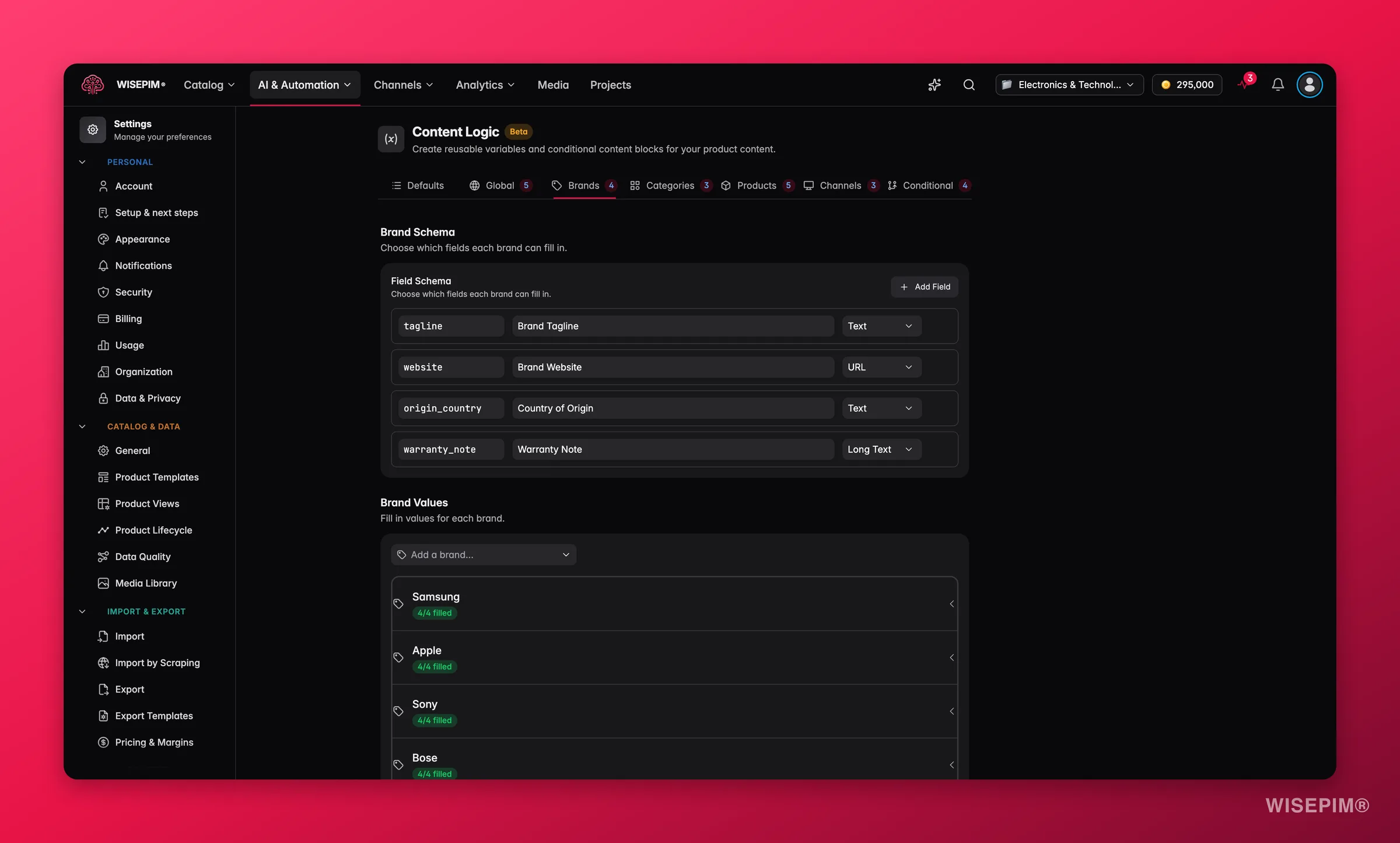 WISEPIM content logic - the Brands tab where per-brand variables are defined