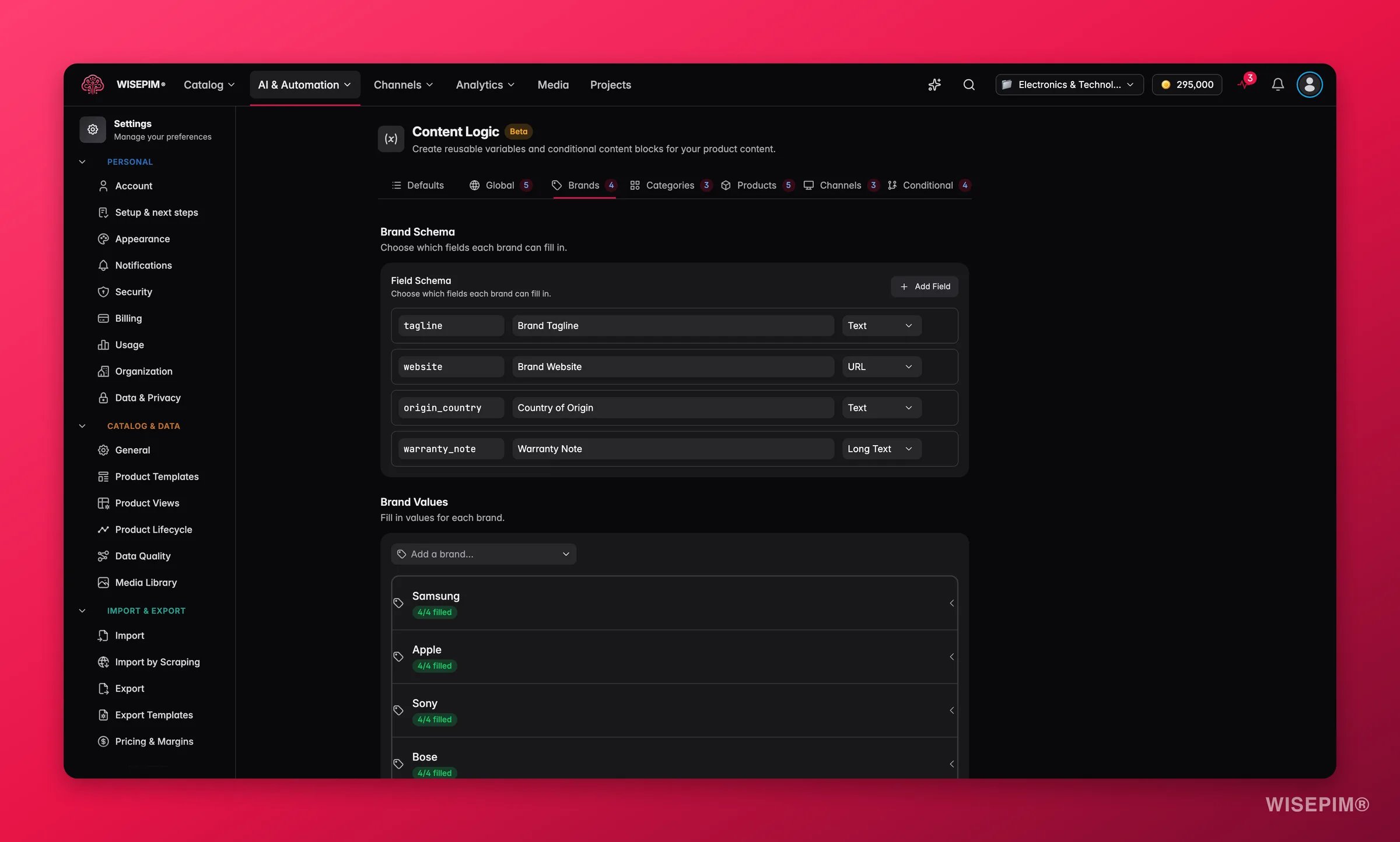 WISEPIM content logic - the Brands tab where per-brand variables are defined