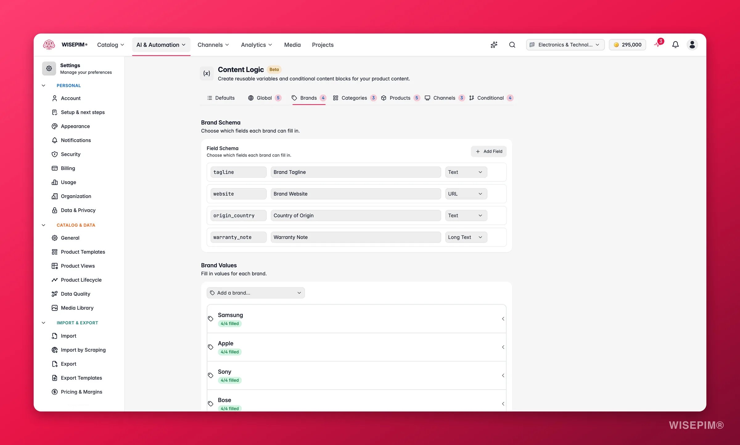 WISEPIM content logic - the Brands tab where per-brand variables are defined