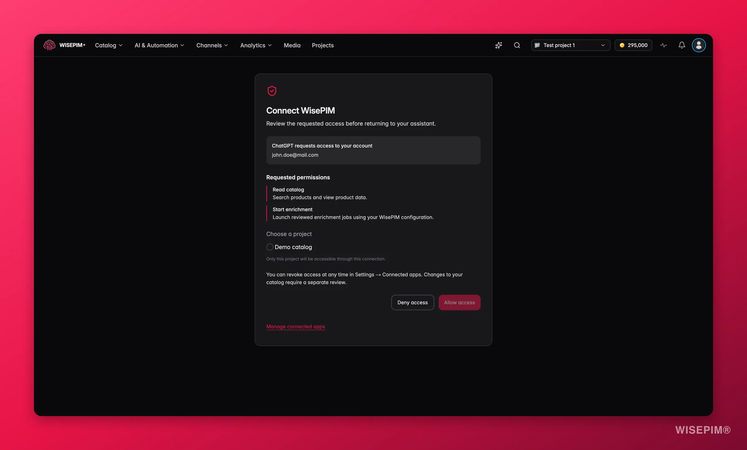 WISEPIM-toestemming voor een assistentverbinding met expliciete keuze van project en machtigingen