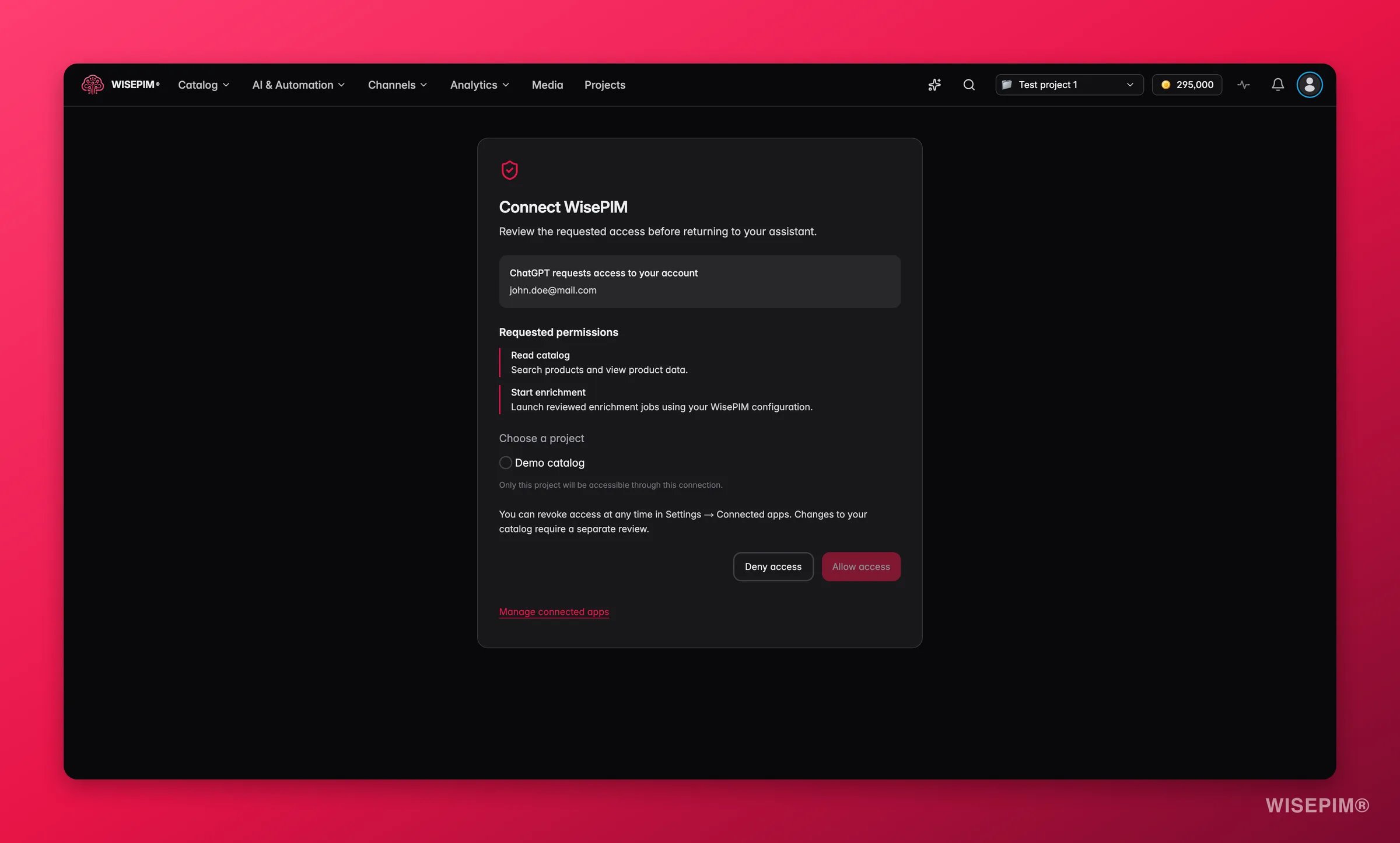 WISEPIM-toestemming voor een assistentverbinding met expliciete keuze van project en machtigingen
