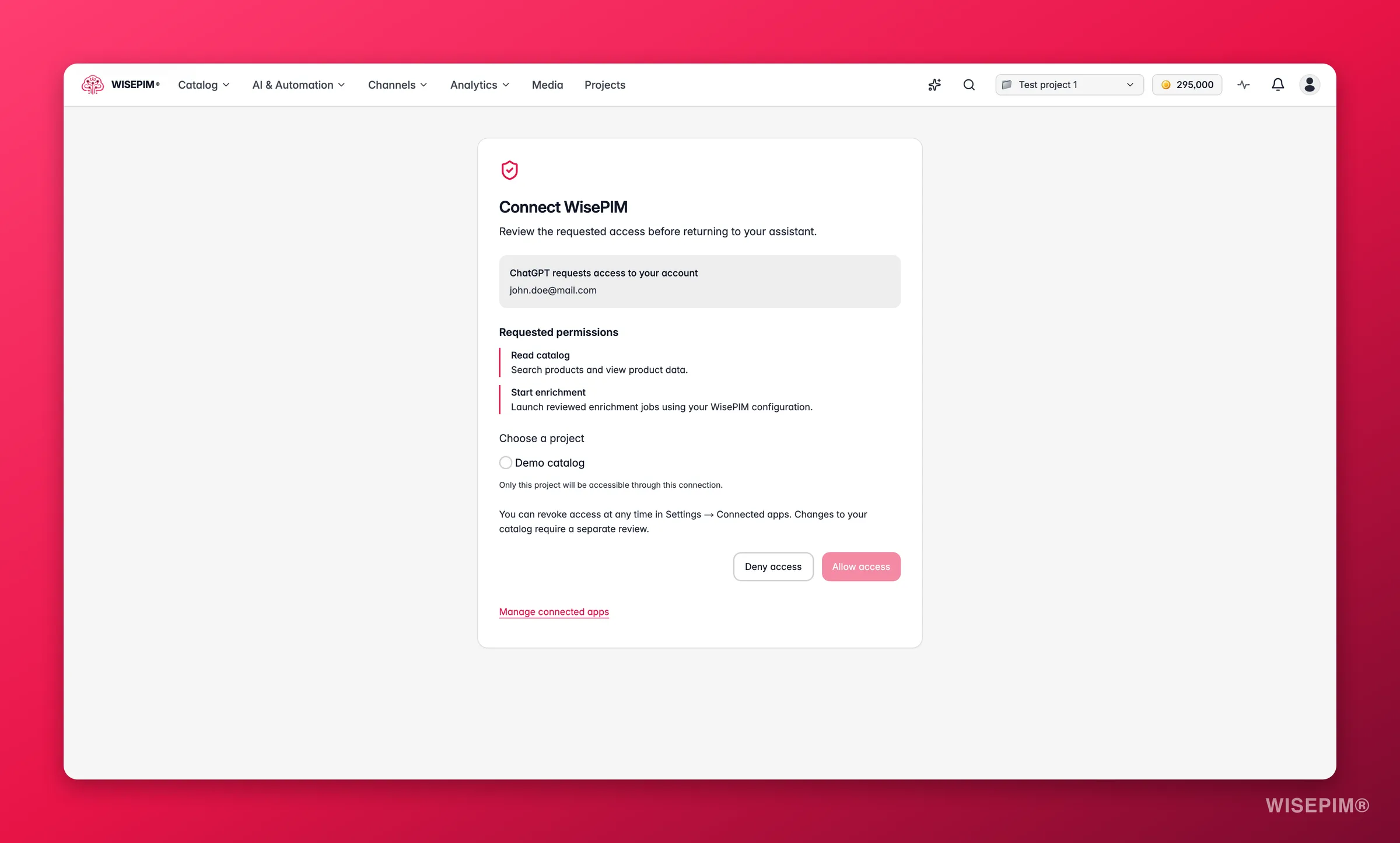 WISEPIM-toestemming voor een assistentverbinding met expliciete keuze van project en machtigingen