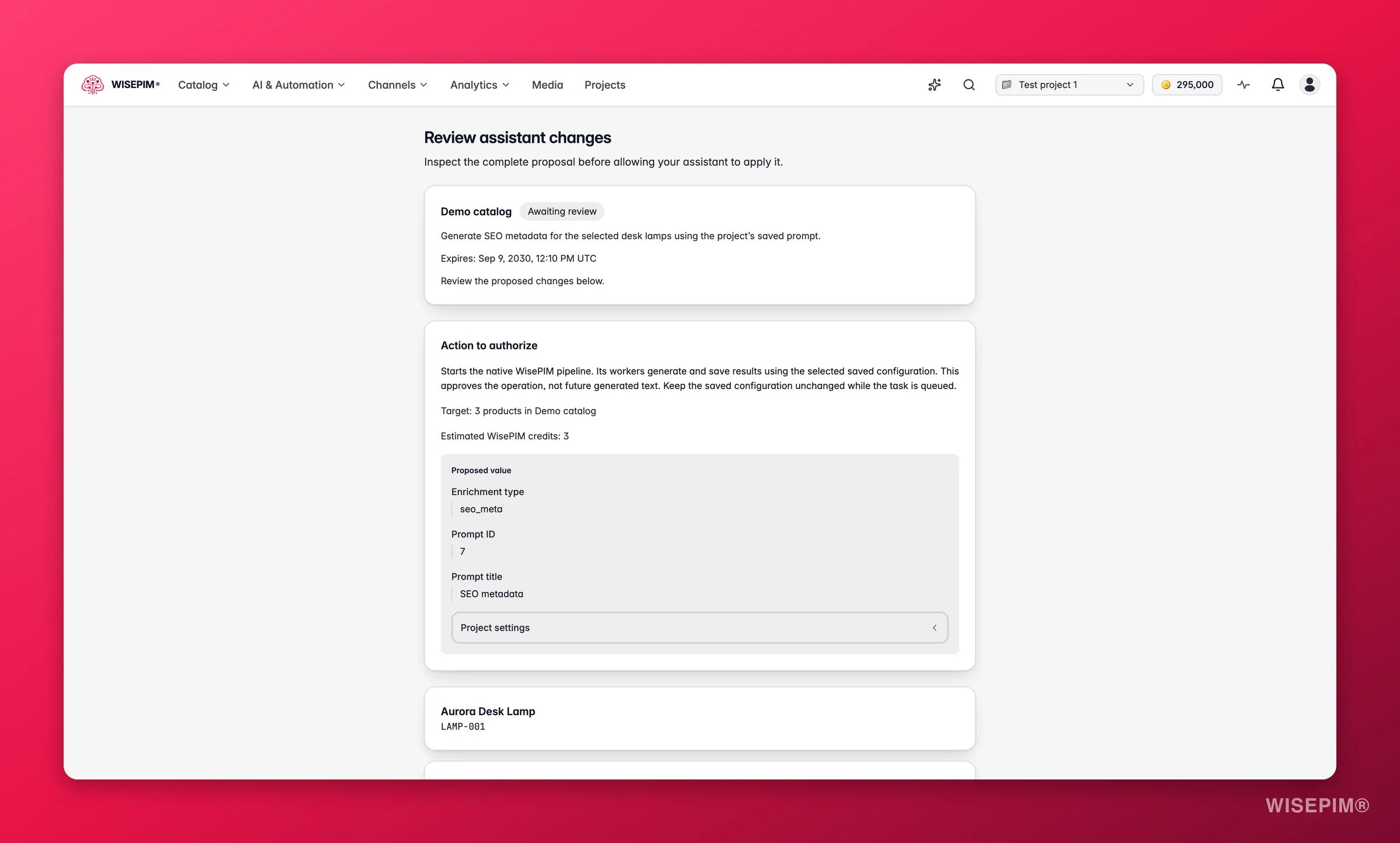 Onveranderlijk WISEPIM-verrijkingsvoorstel met geselecteerde producten en geschatte credits