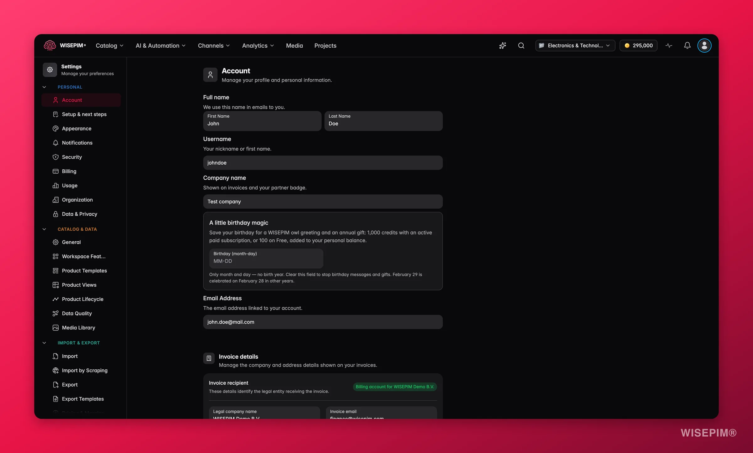 WISEPIM account settings with profile, language and security