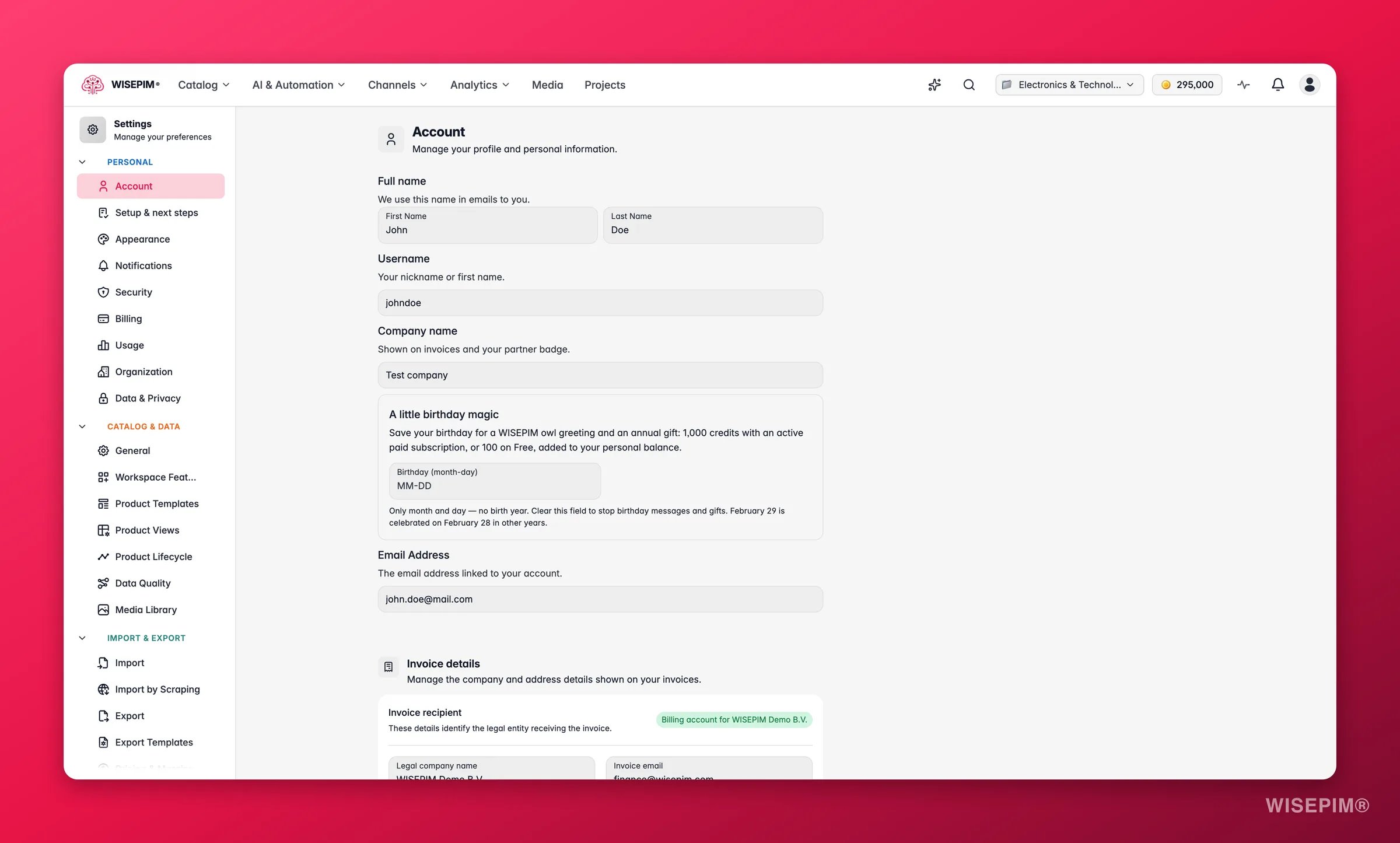 WISEPIM account settings with profile, language and security