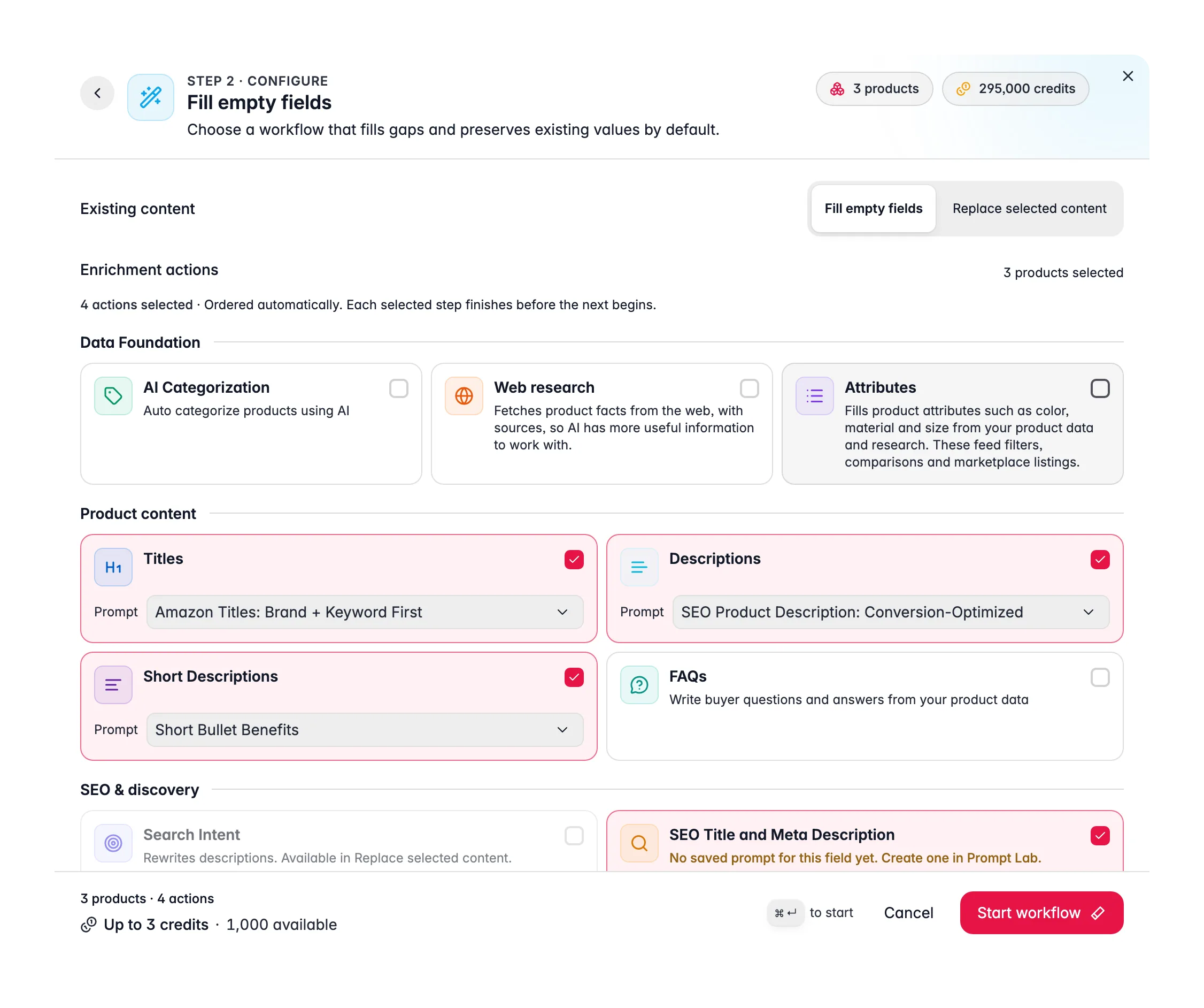 Fill empty fields step of the Enrich with AI modal, with Fill empty fields chosen under Existing content and the enrichment actions below