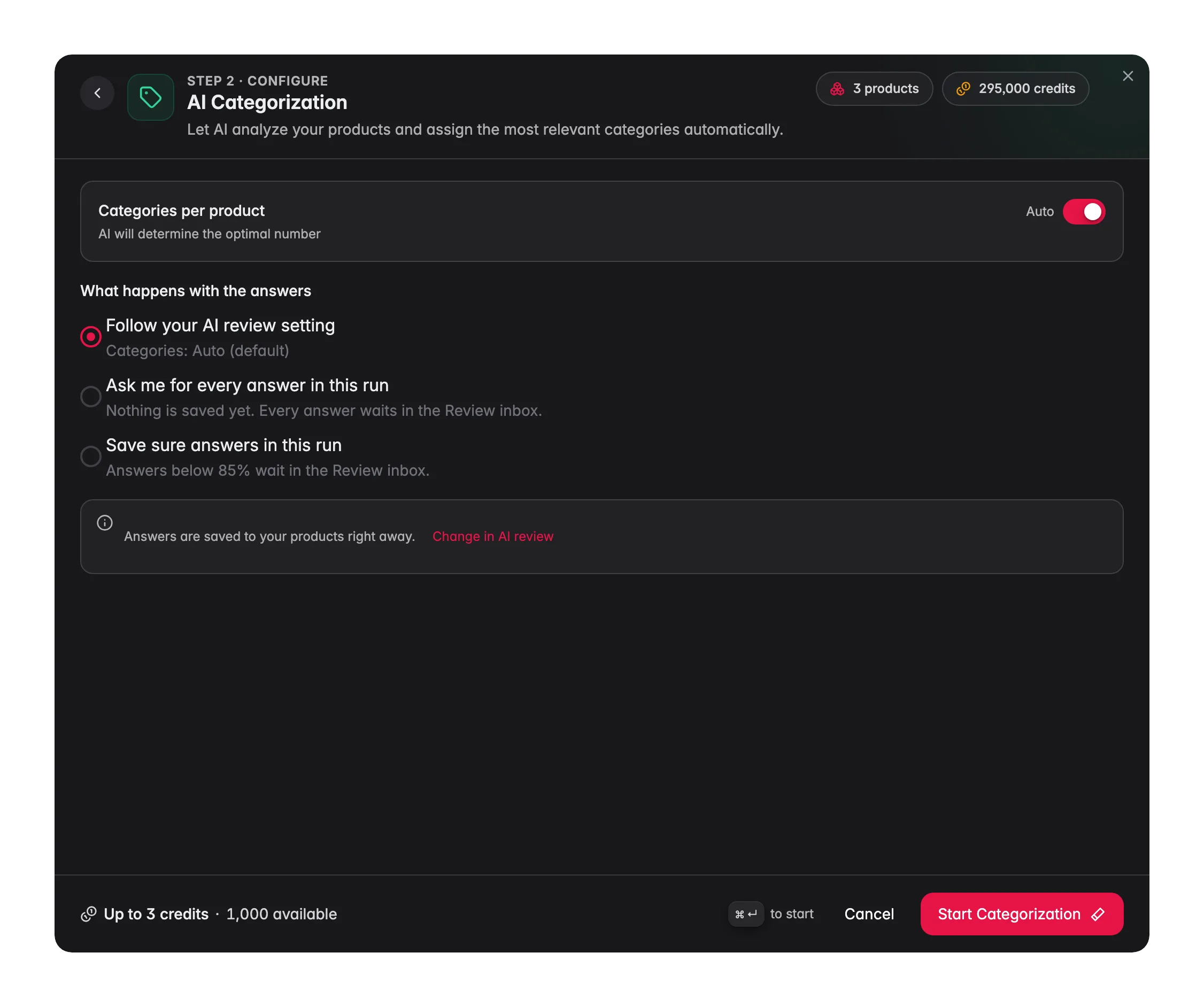 AI Categorization step of the Enrich with AI modal with the Categories per product switch set to Auto and the Start Categorization button