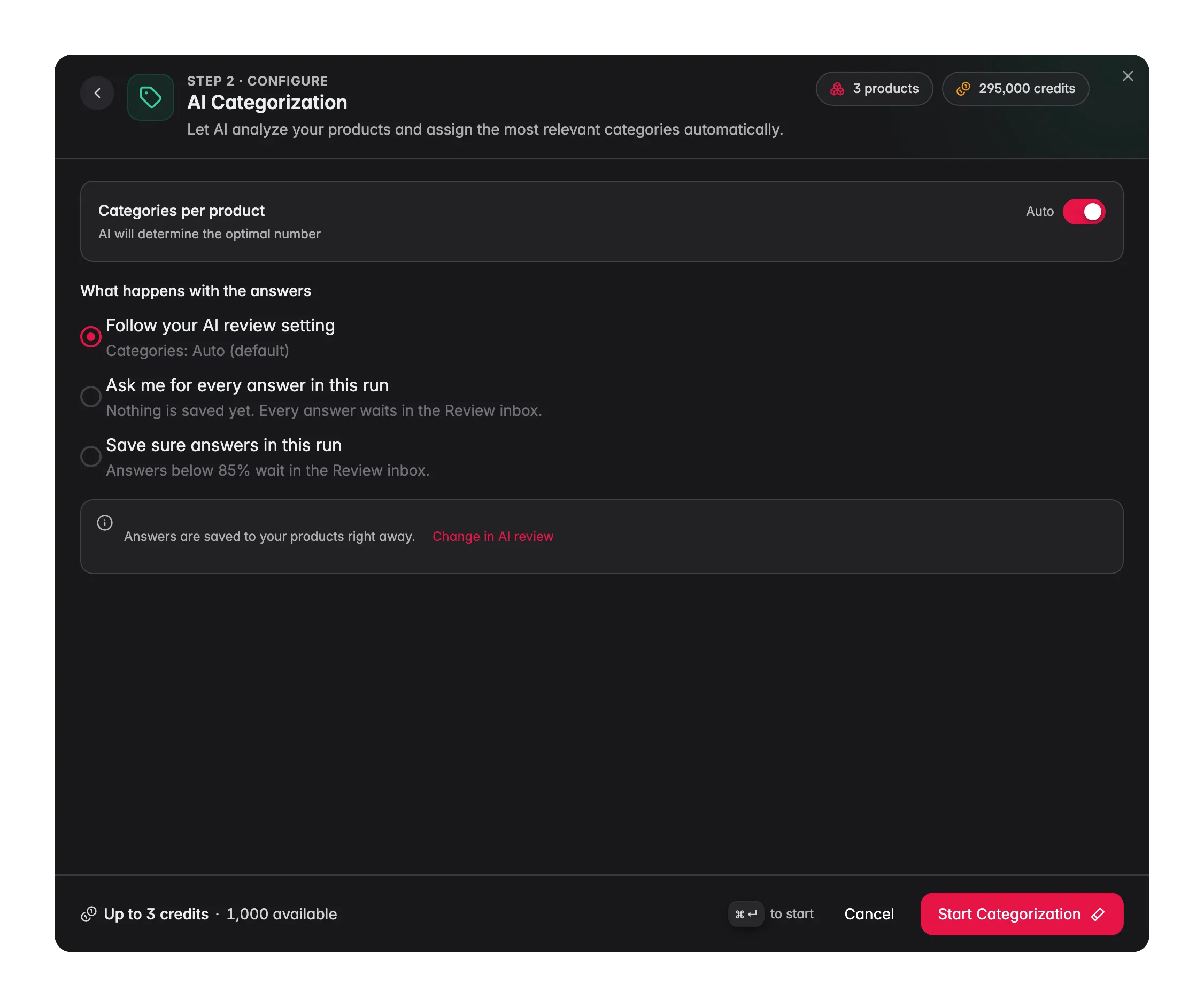 AI Categorization step of the Enrich with AI modal with the Categories per product switch set to Auto and the Start Categorization button