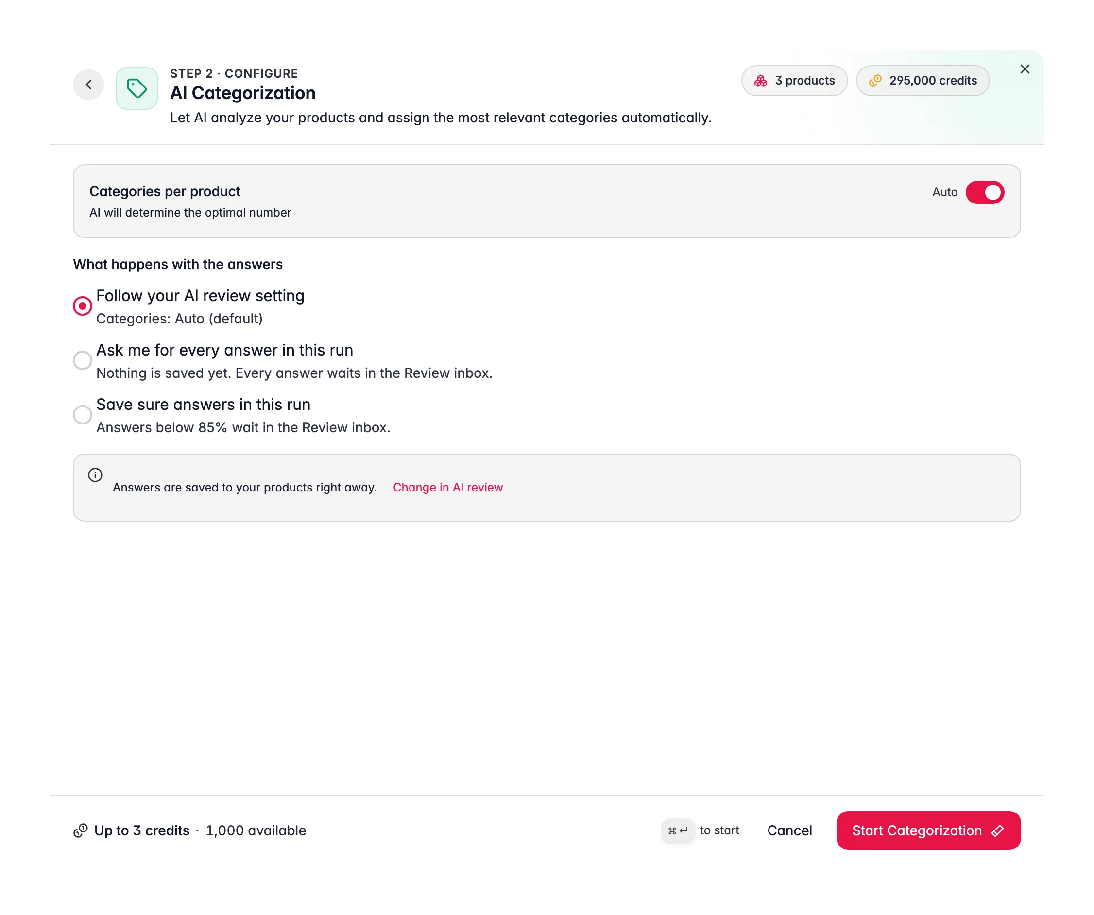 AI Categorization step of the Enrich with AI modal with the Categories per product switch set to Auto and the Start Categorization button