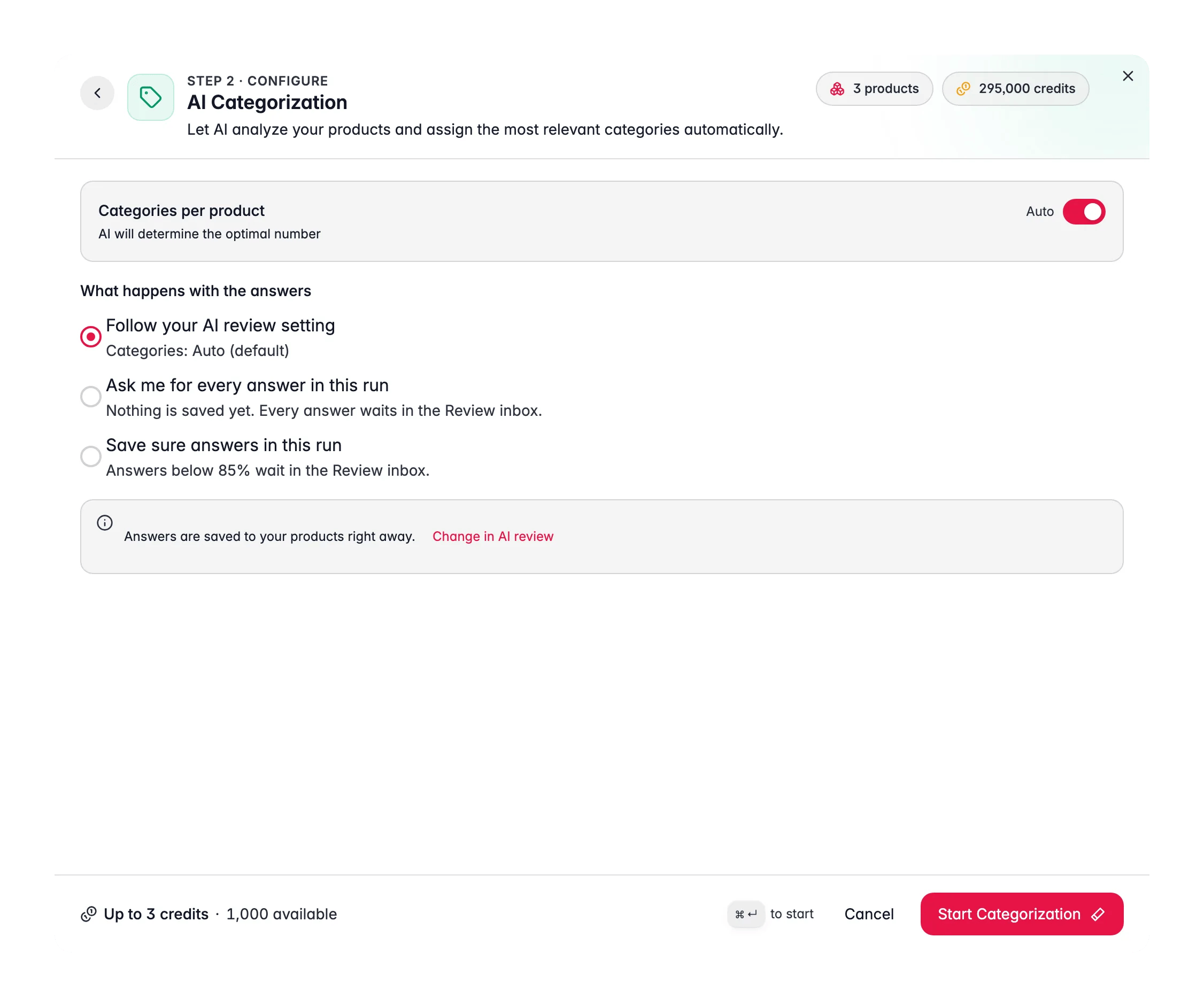 AI Categorization step of the Enrich with AI modal with the Categories per product switch set to Auto and the Start Categorization button