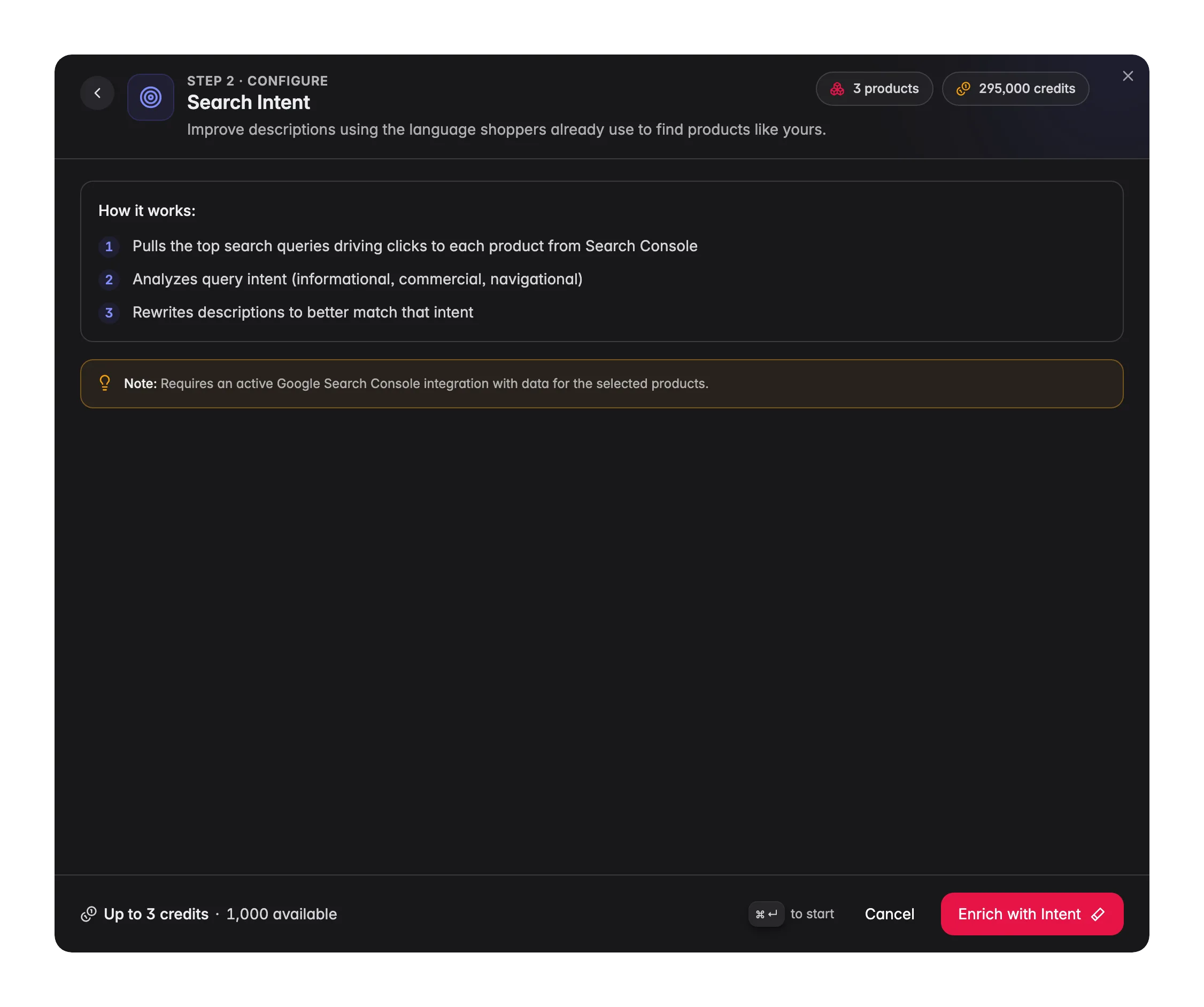 Search Intent enrichment in WISEPIM, rewrites descriptions to match real GSC search queries
