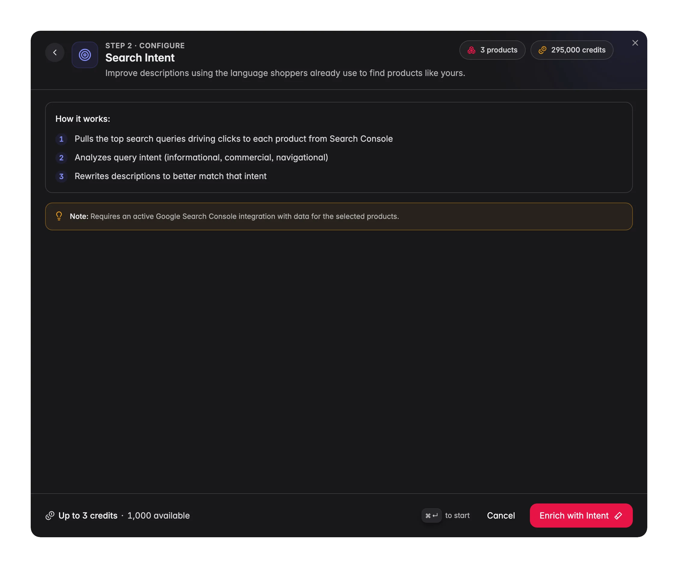 Search Intent enrichment in WISEPIM, rewrites descriptions to match real GSC search queries