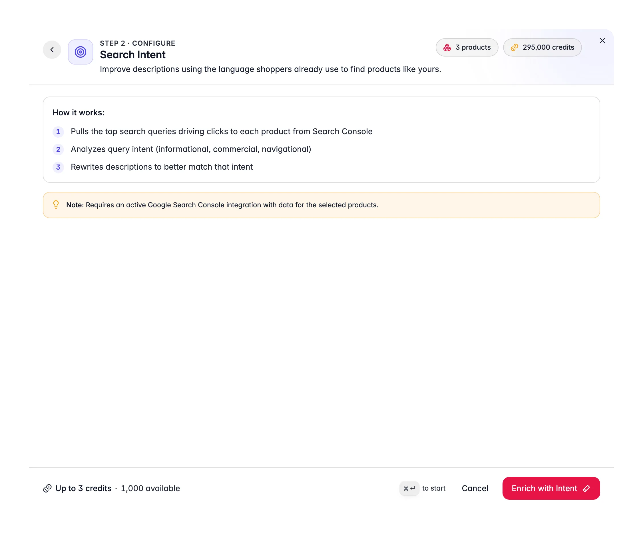 Search Intent enrichment in WISEPIM, rewrites descriptions to match real GSC search queries