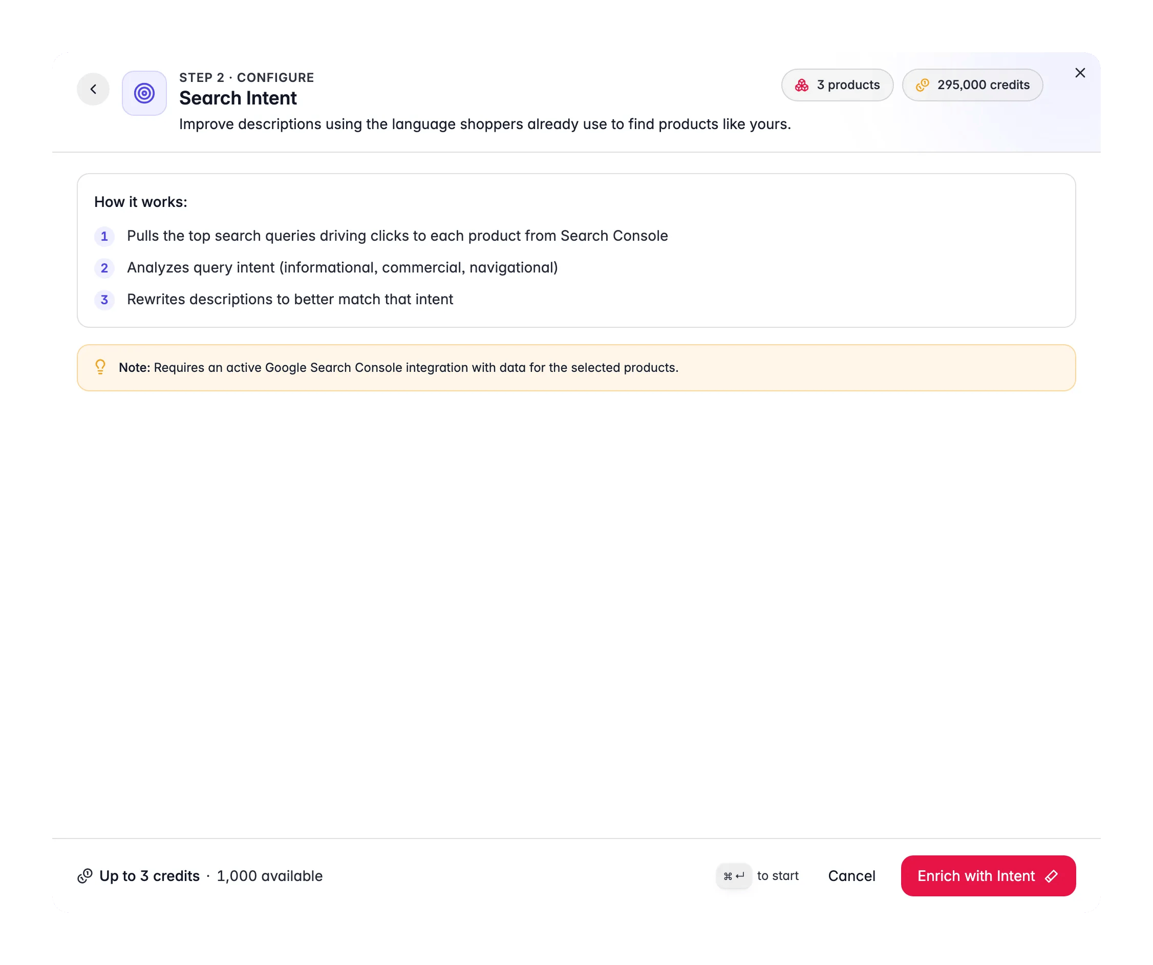 Search Intent enrichment in WISEPIM, rewrites descriptions to match real GSC search queries