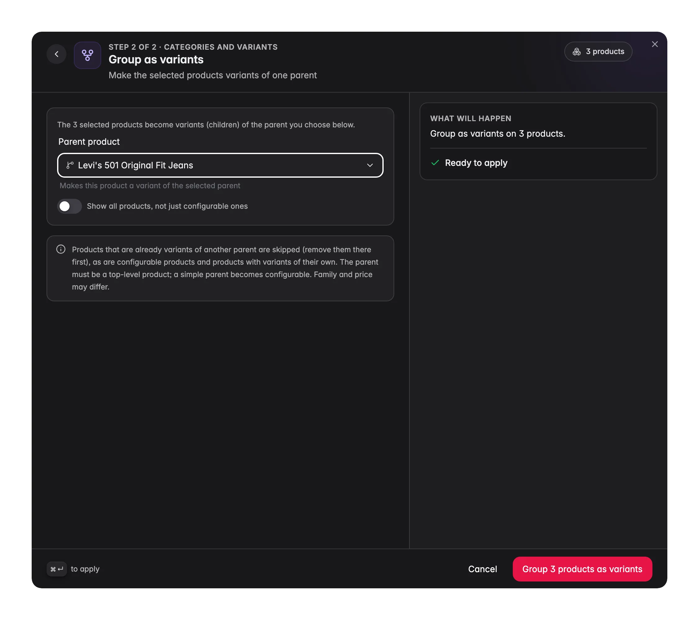 Bulk editing, Group as Variants across many products at once in WISEPIM