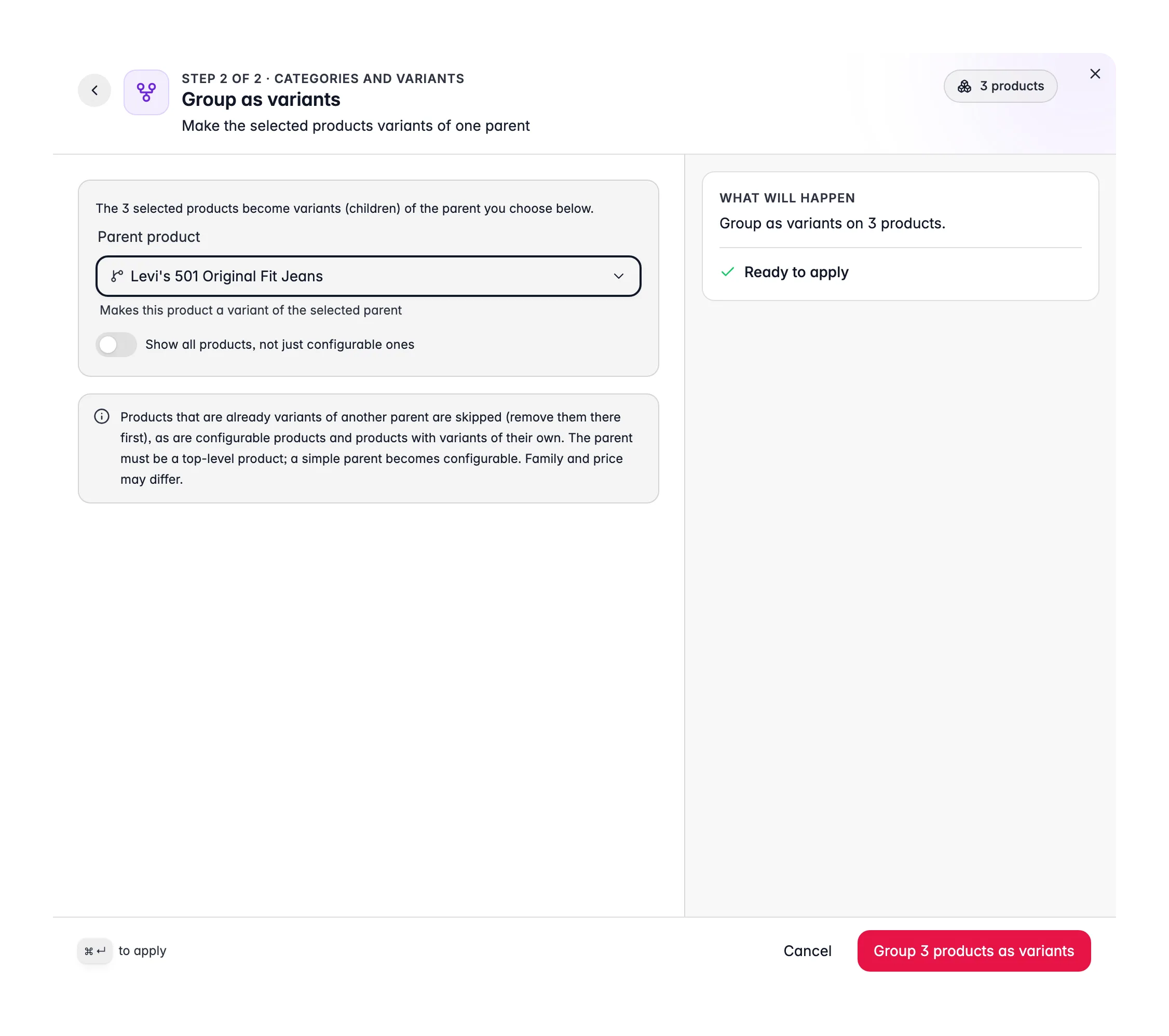 Bulk editing, Group as Variants across many products at once in WISEPIM