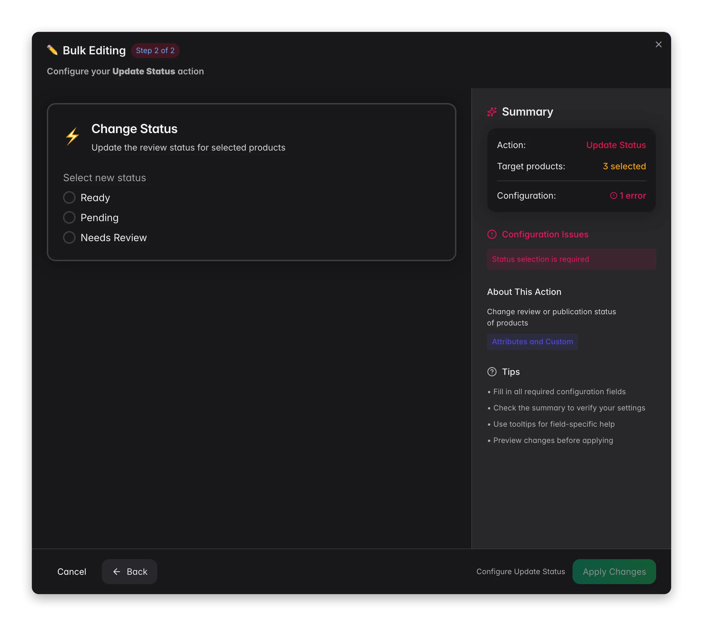 Bulk editing, Update Status across many products at once in WISEPIM