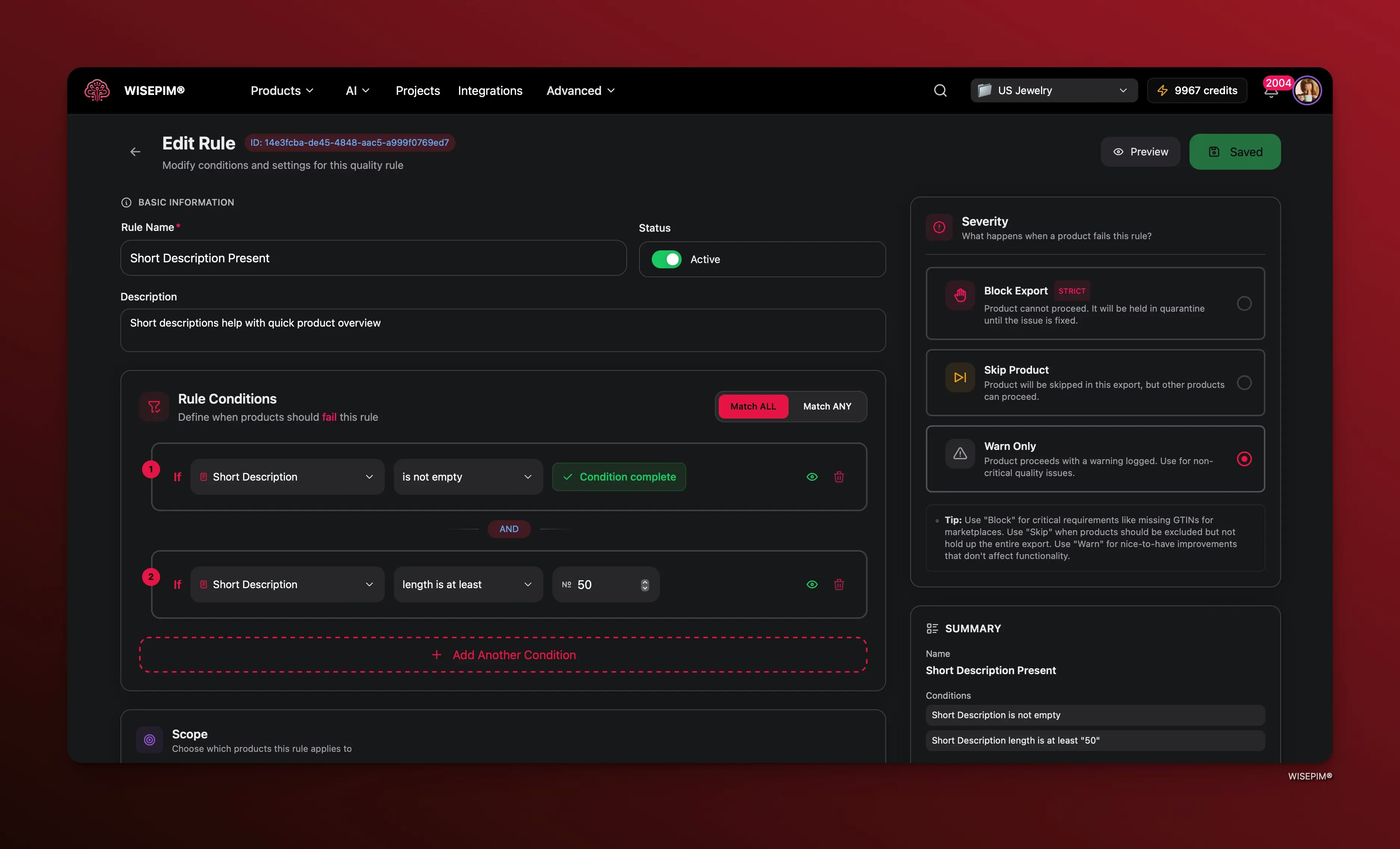 Quality Guard rule builder showing conditions, severity options, and a live summary panel