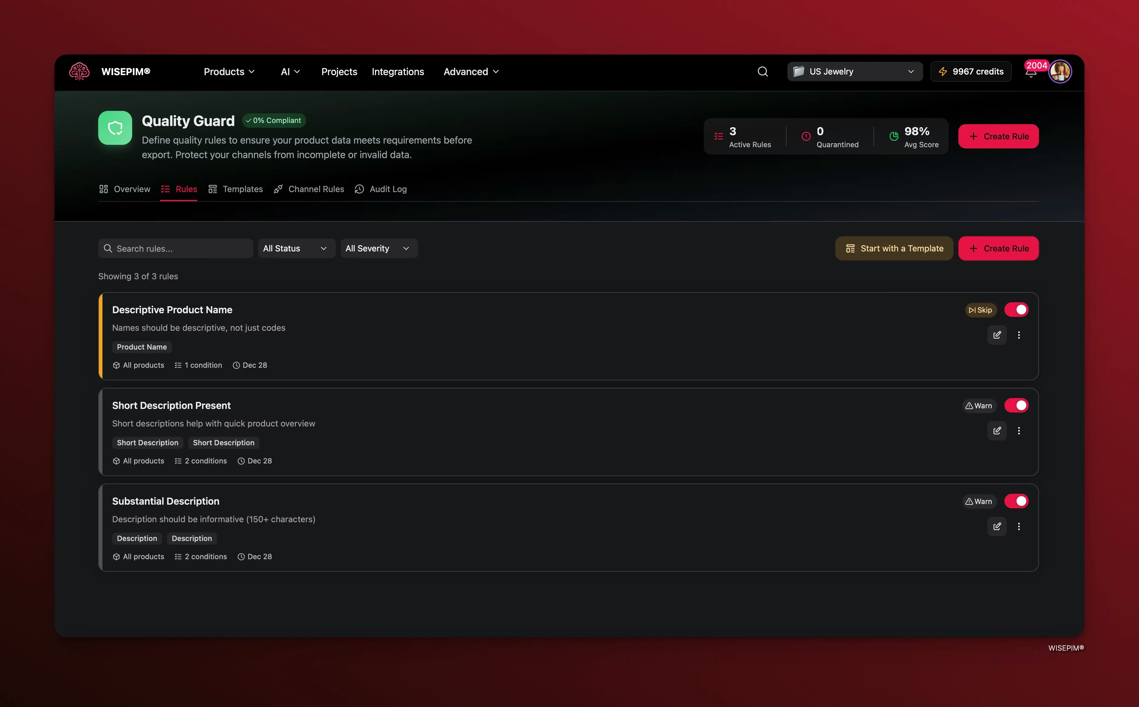 Quality Guard rules page showing a list of quality rules with severity, status, and conditions