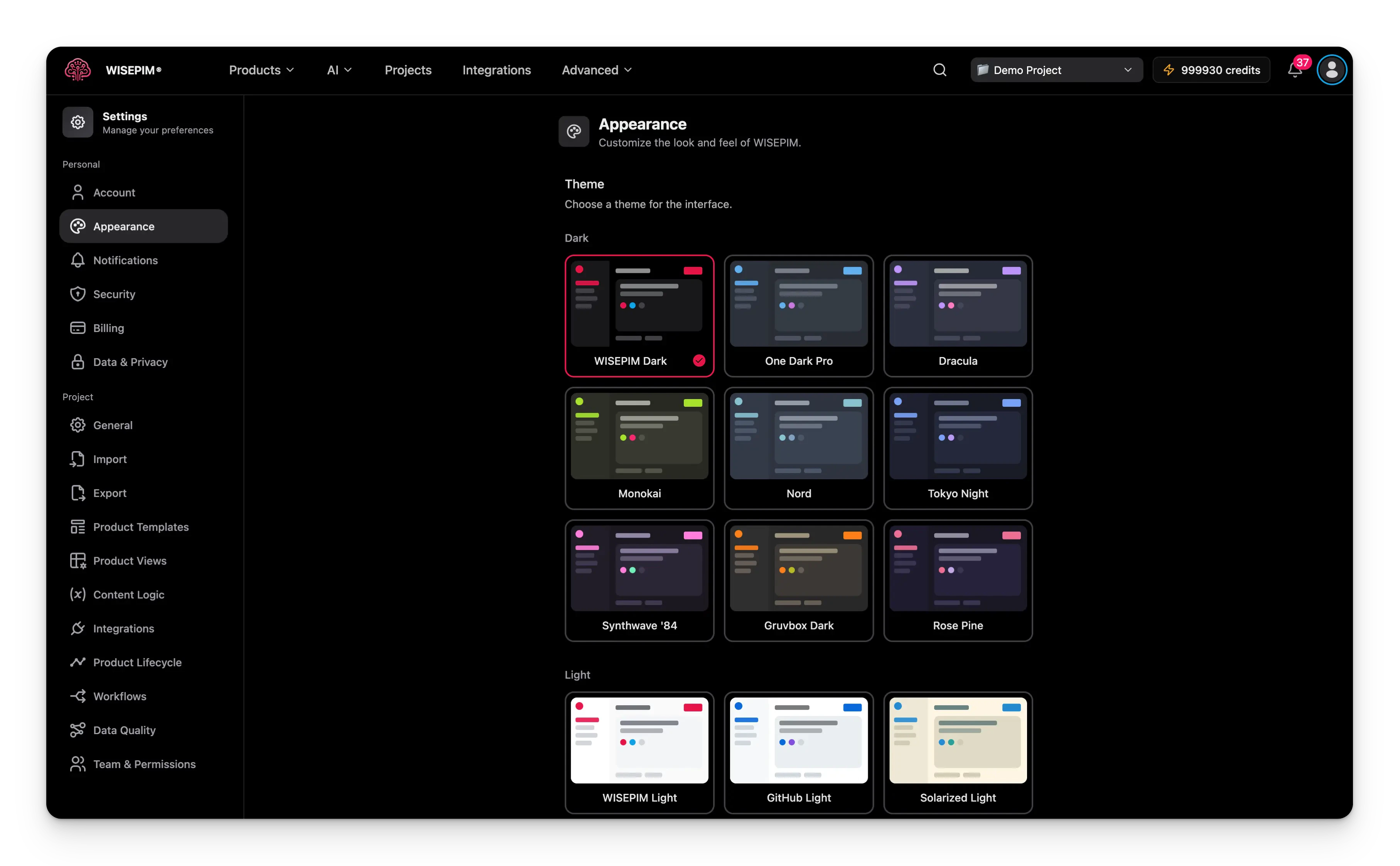 Appearance settings page showing theme selection with dark and light theme options