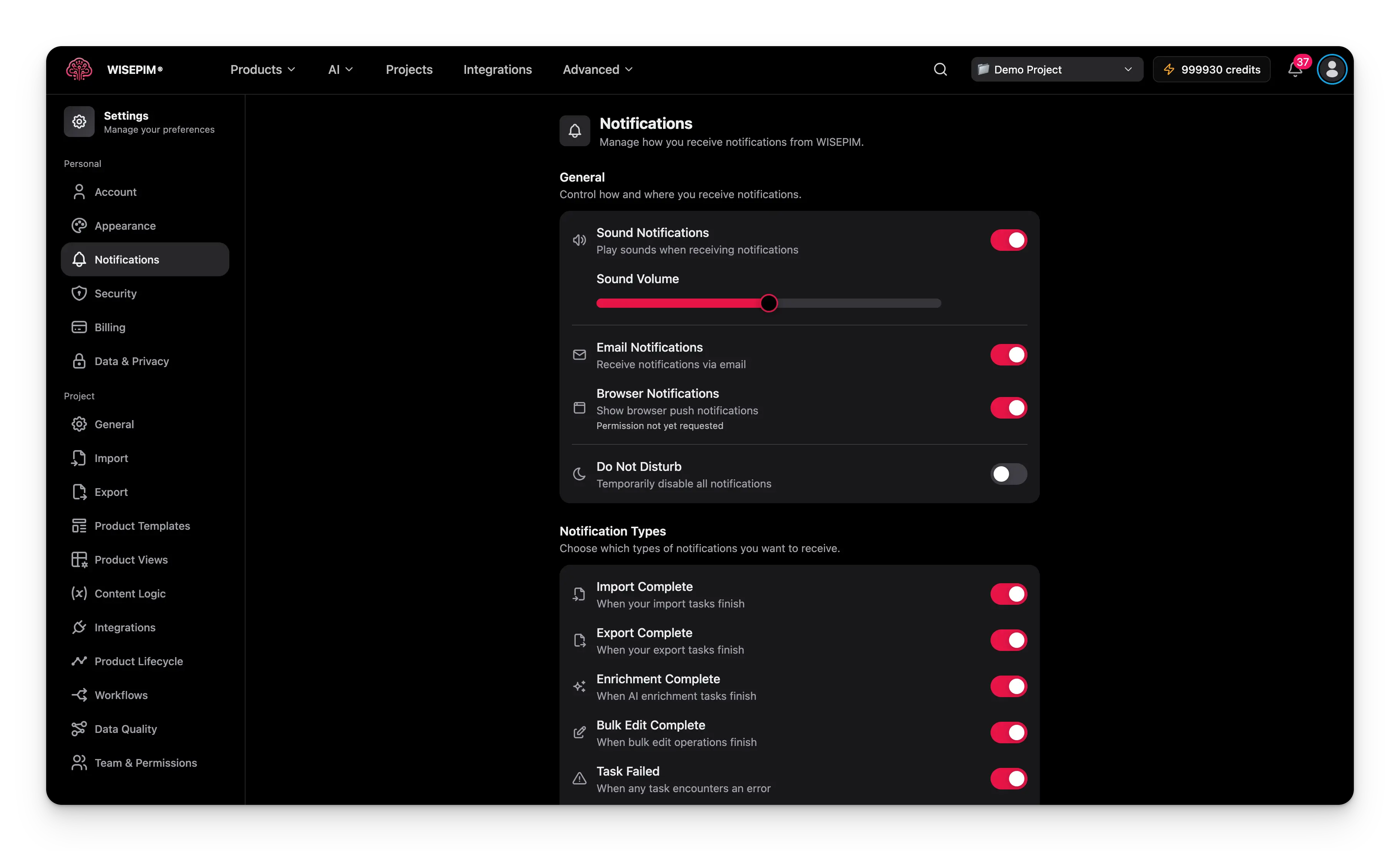 Notification settings page showing sound, email, browser notification toggles, and notification type preferences