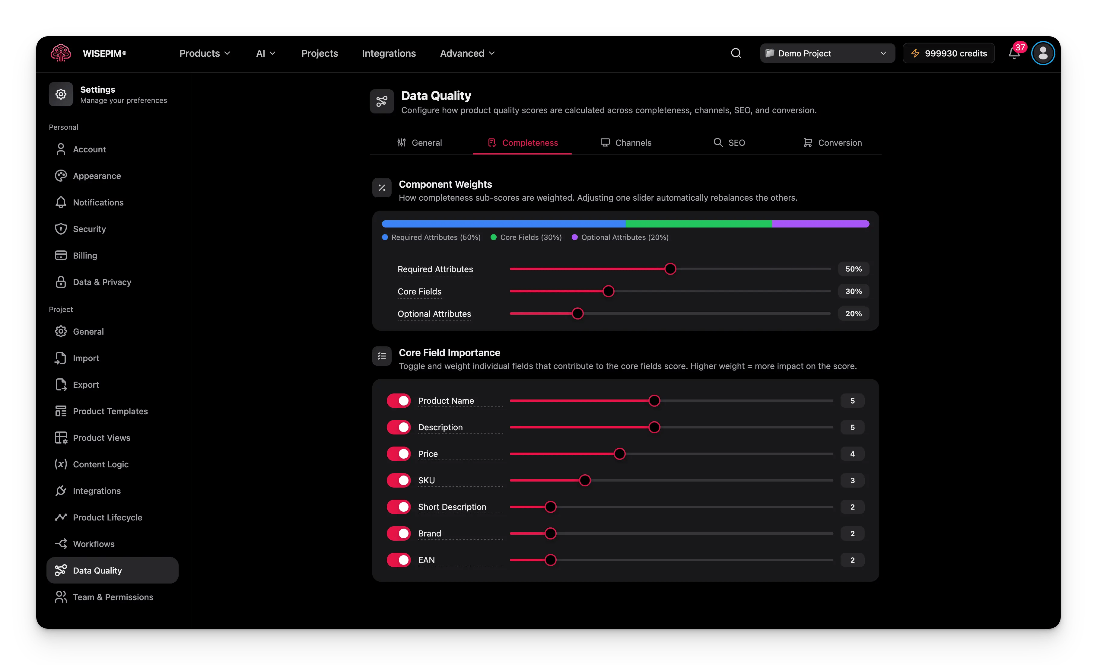 Pestaña de Completitud de Calidad de Datos mostrando controles deslizantes de peso de componentes y configuración de importancia de campos principales
