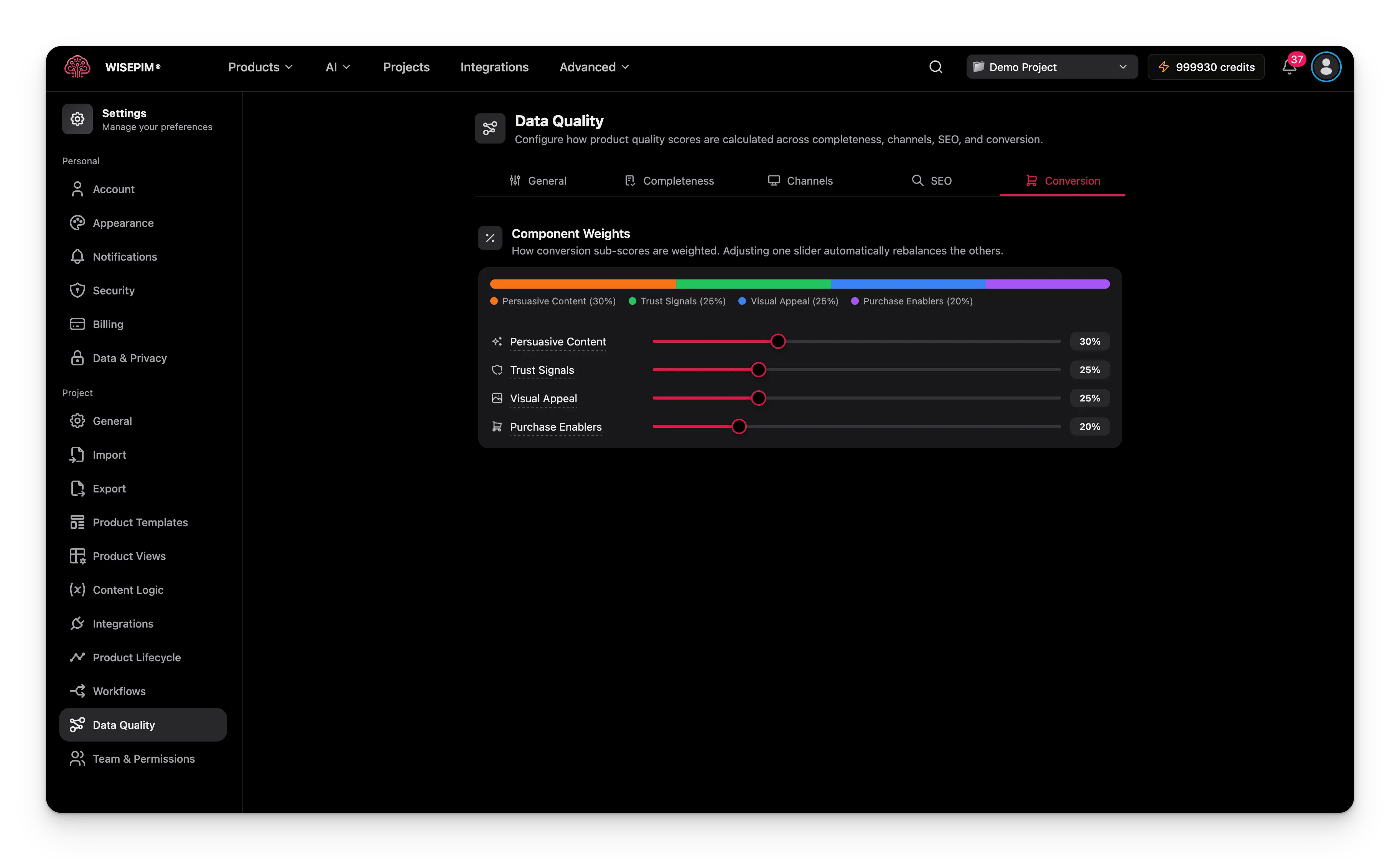 Pestaña de Conversión de Calidad de Datos mostrando controles deslizantes de peso de componentes para contenido persuasivo, señales de confianza, atractivo visual y facilitadores de compra