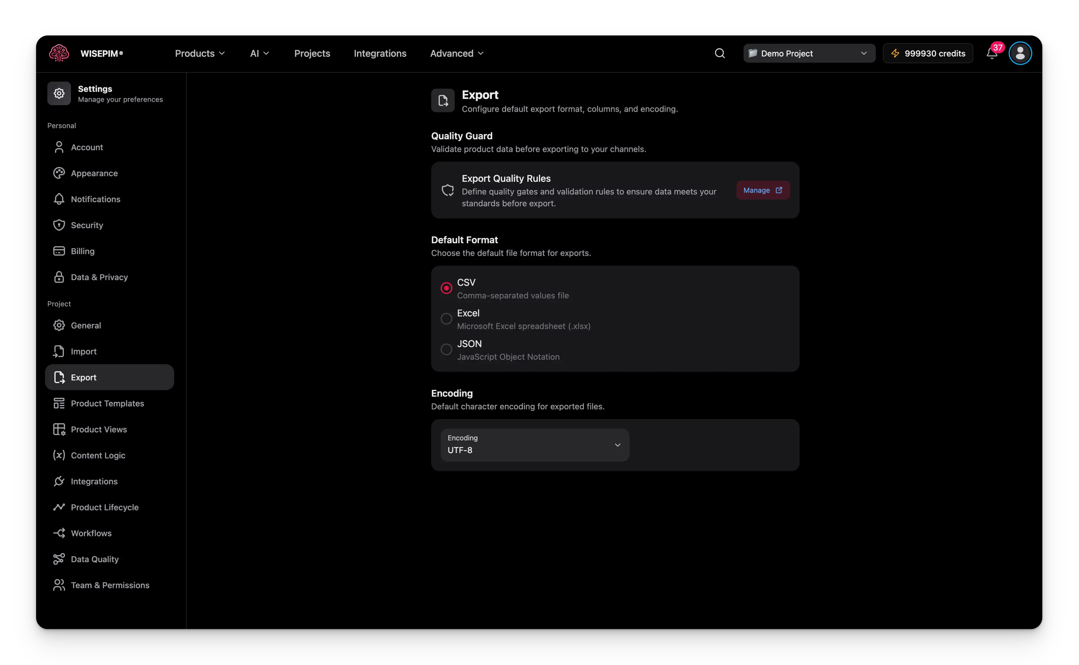 Export settings page showing Quality Guard, default format, and encoding options