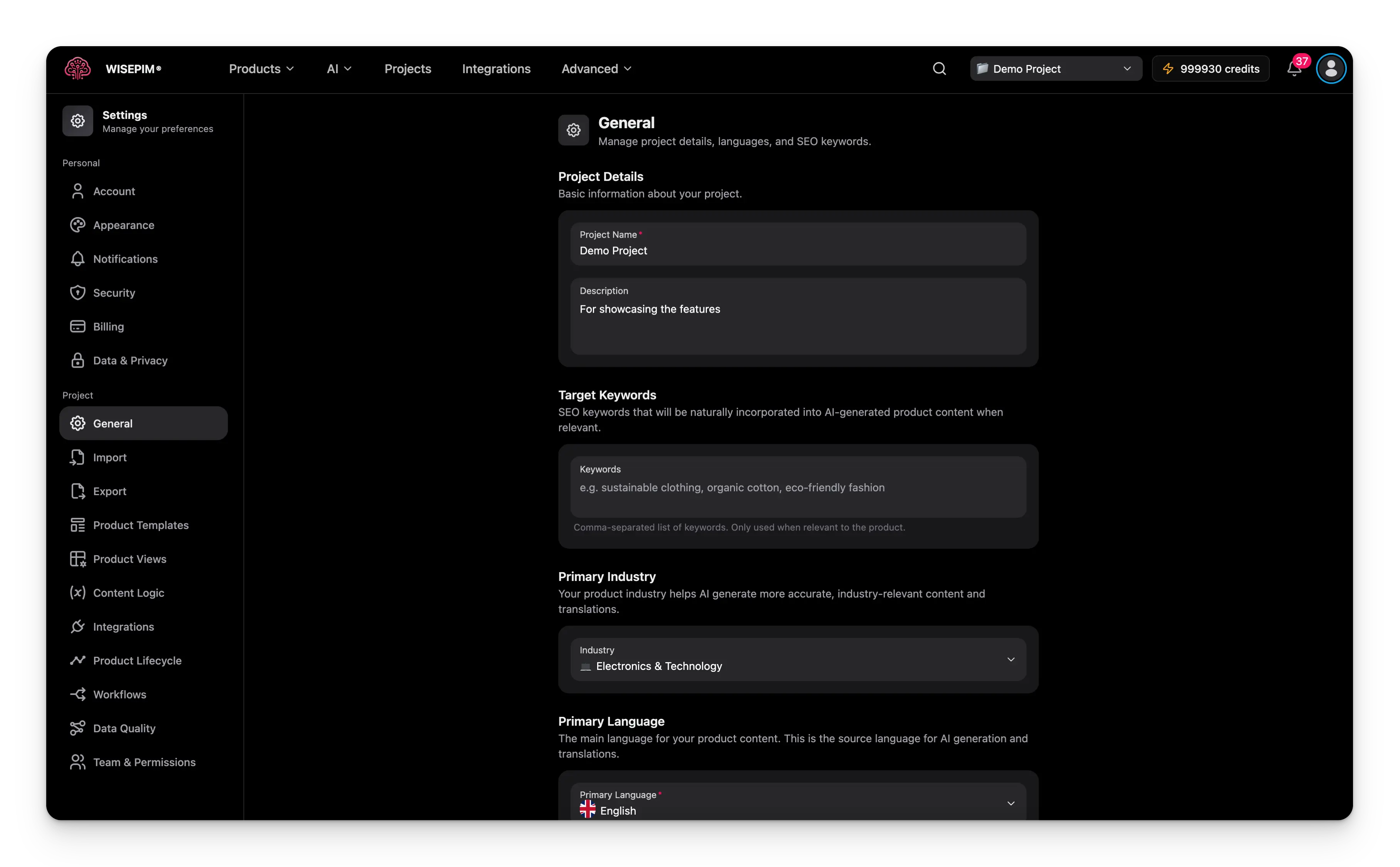 General settings page showing project name, keywords, industry, and language configuration