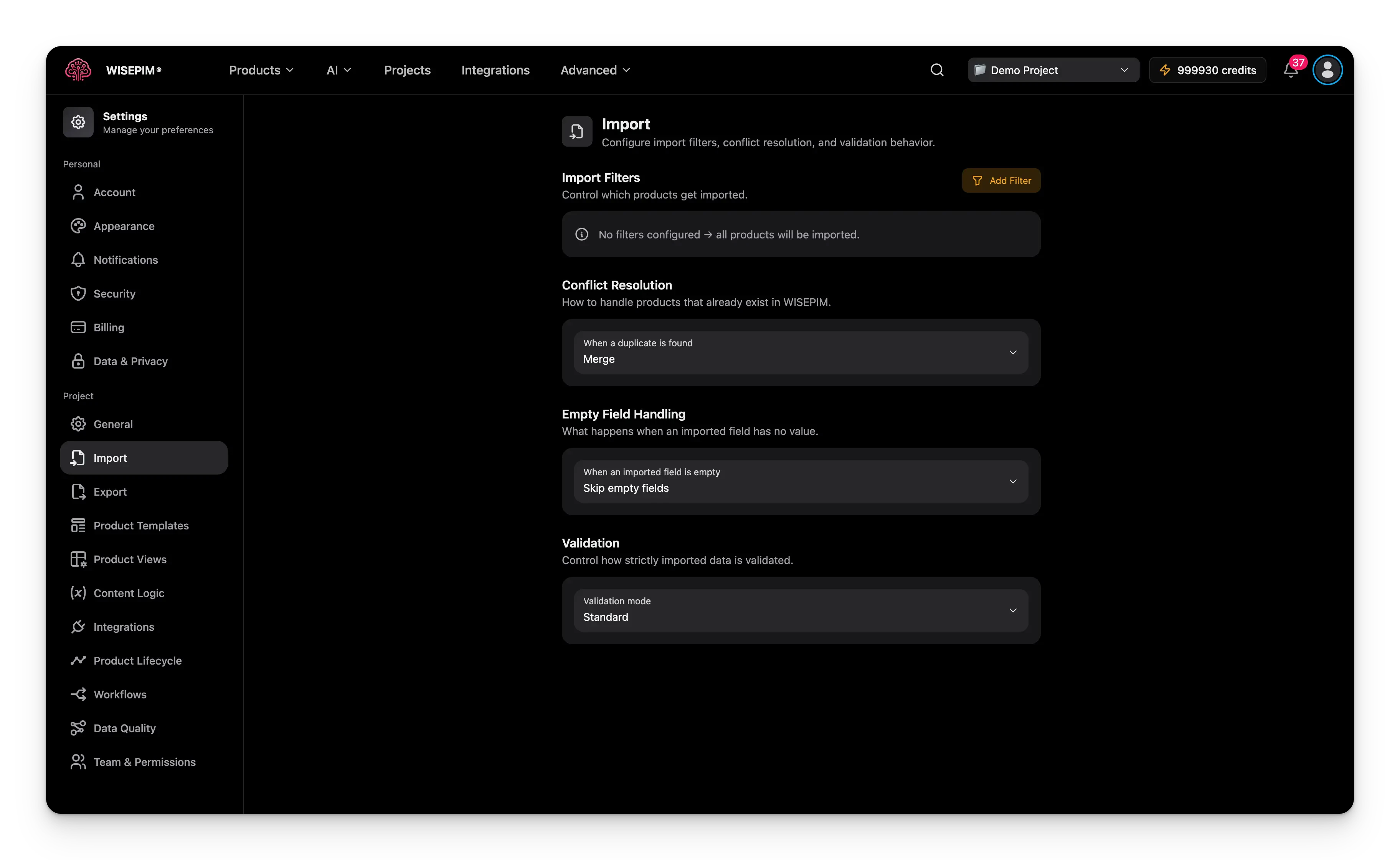 Import settings page showing import filters, conflict resolution, empty field handling, and validation options
