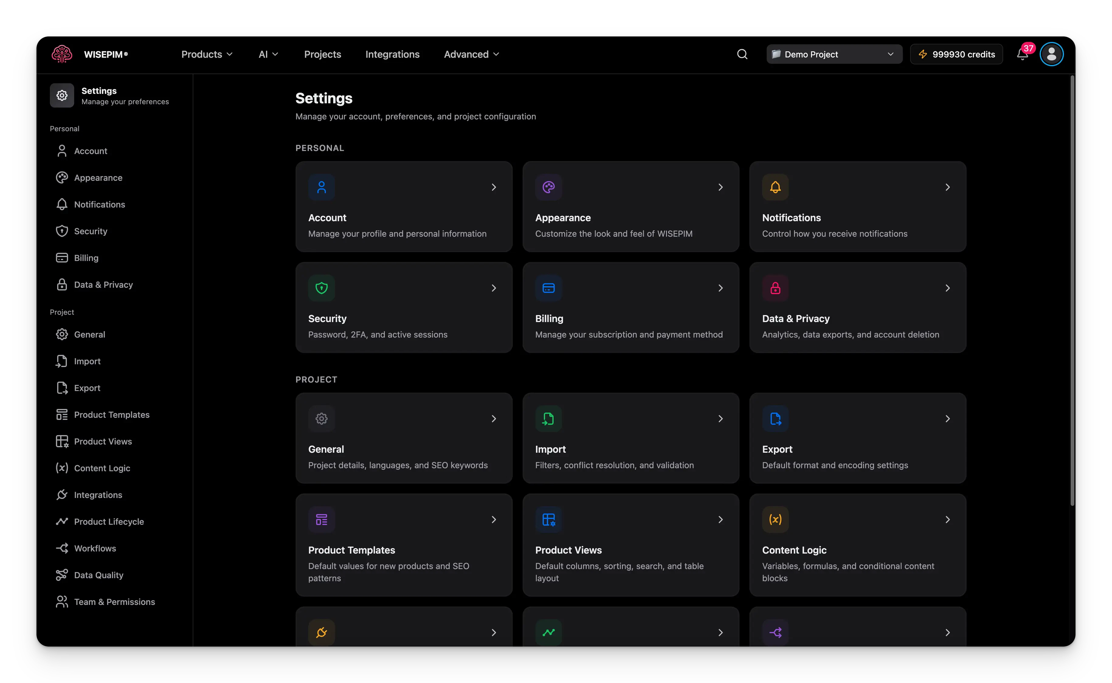 Settings hub showing personal and project configuration cards