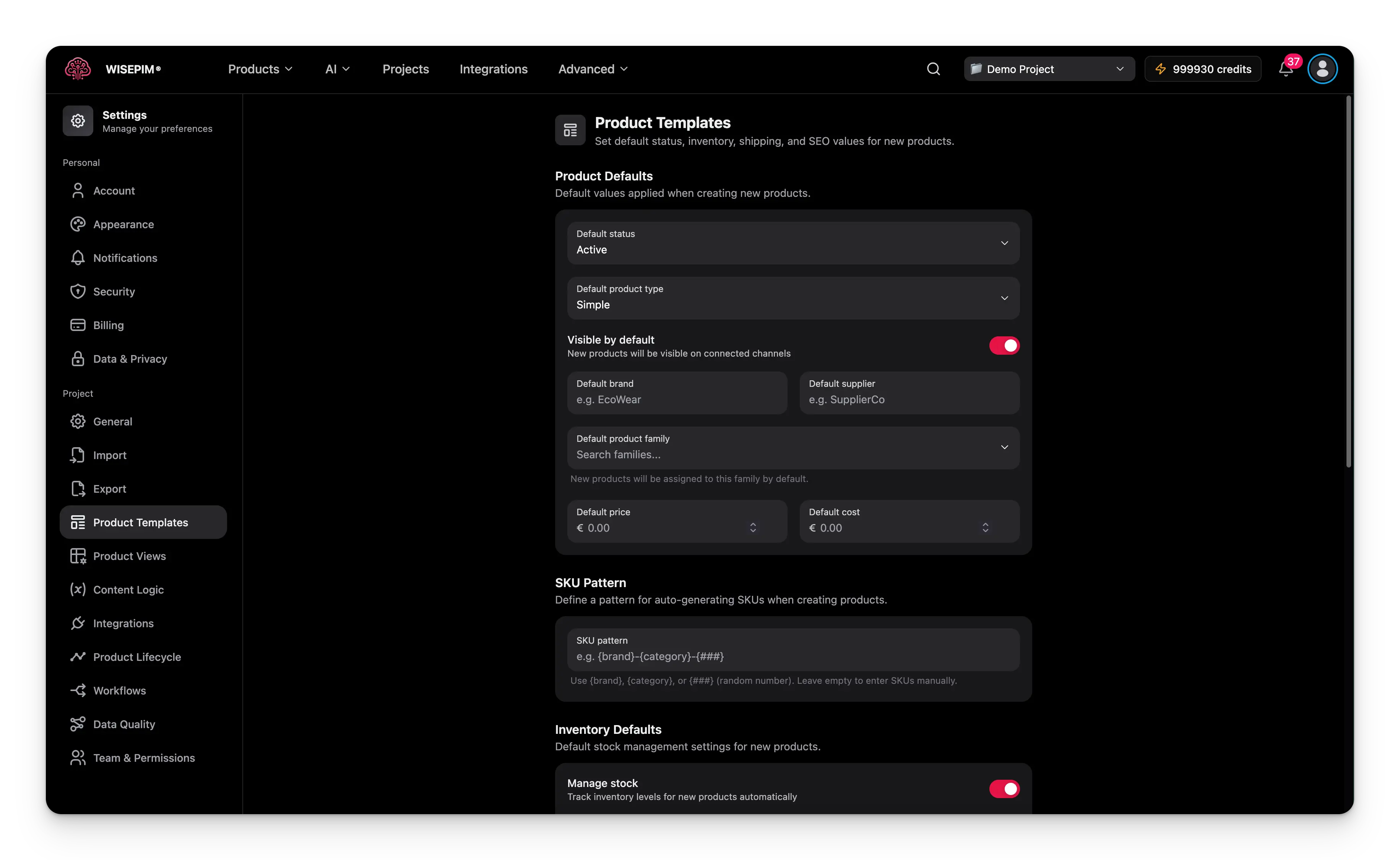 Product Templates settings page showing default status, type, visibility, brand, pricing, and SKU pattern options