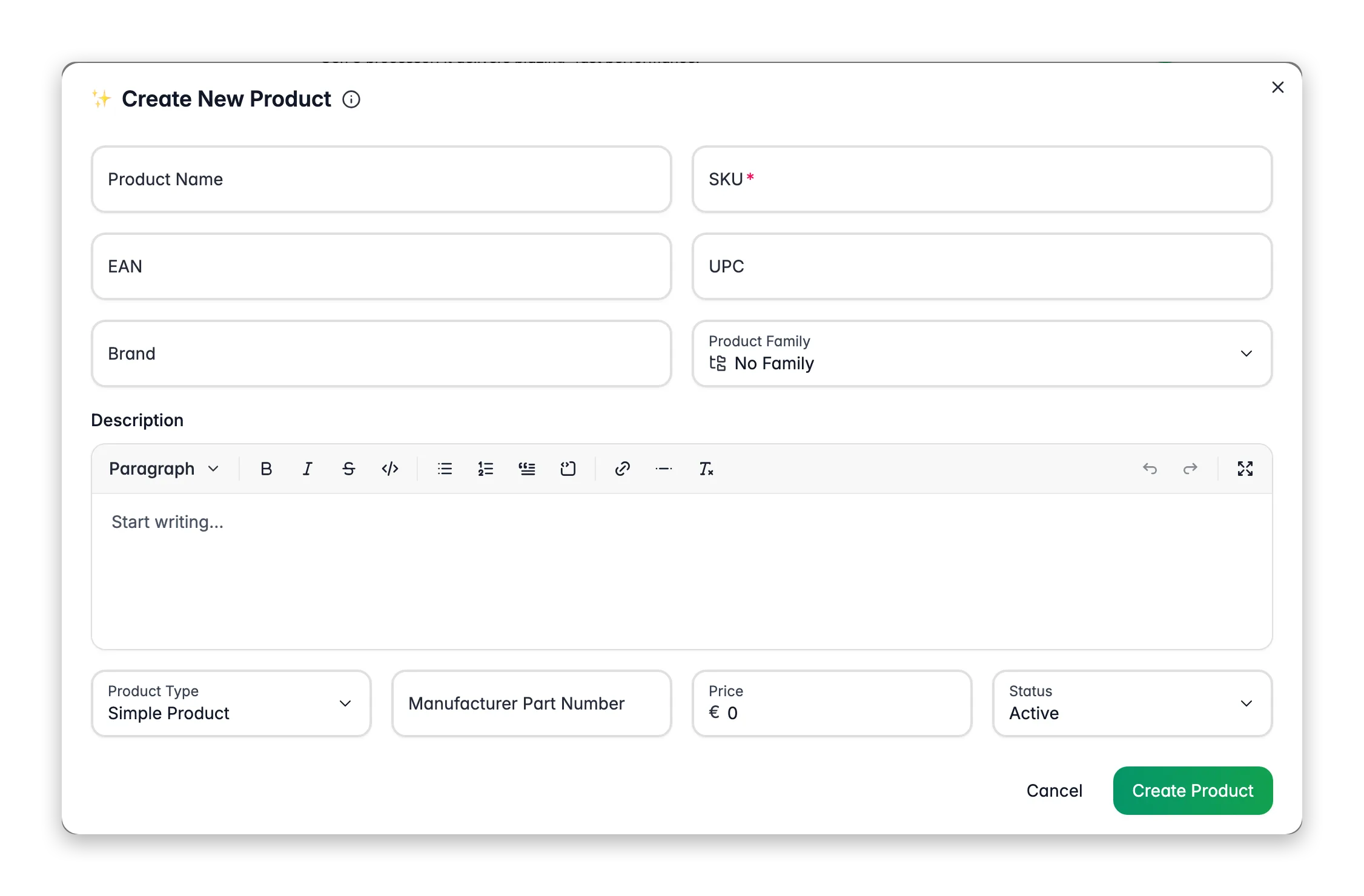 Creating a new product in WISEPIM with AI-assisted fields