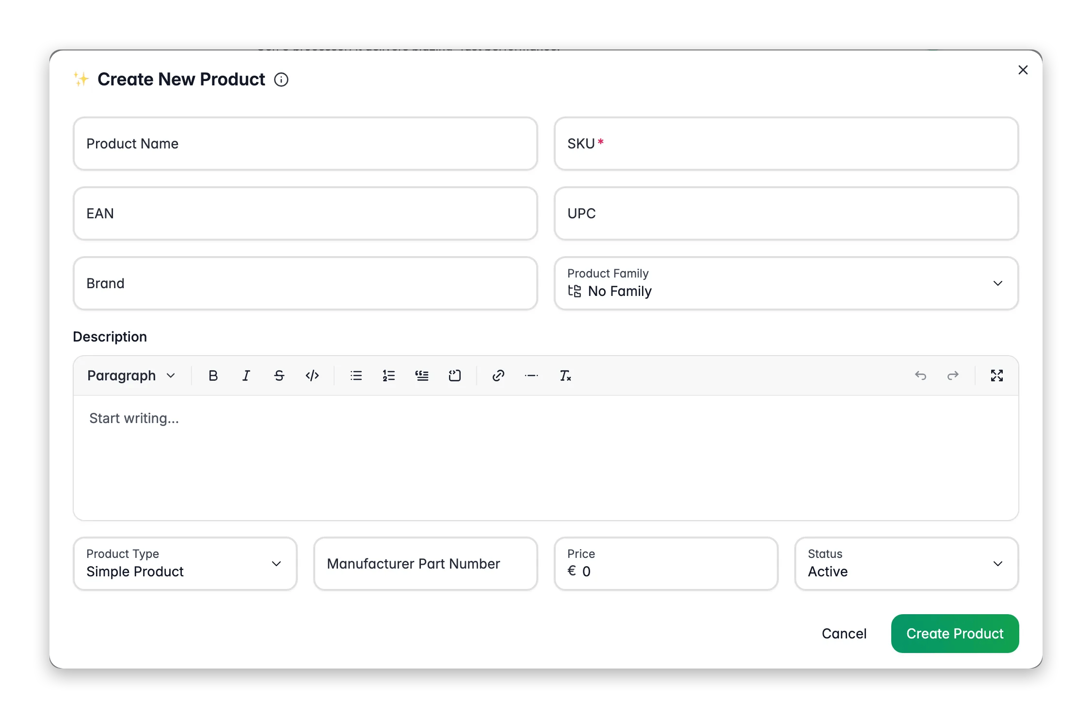 Creating a new product in WISEPIM with AI-assisted fields