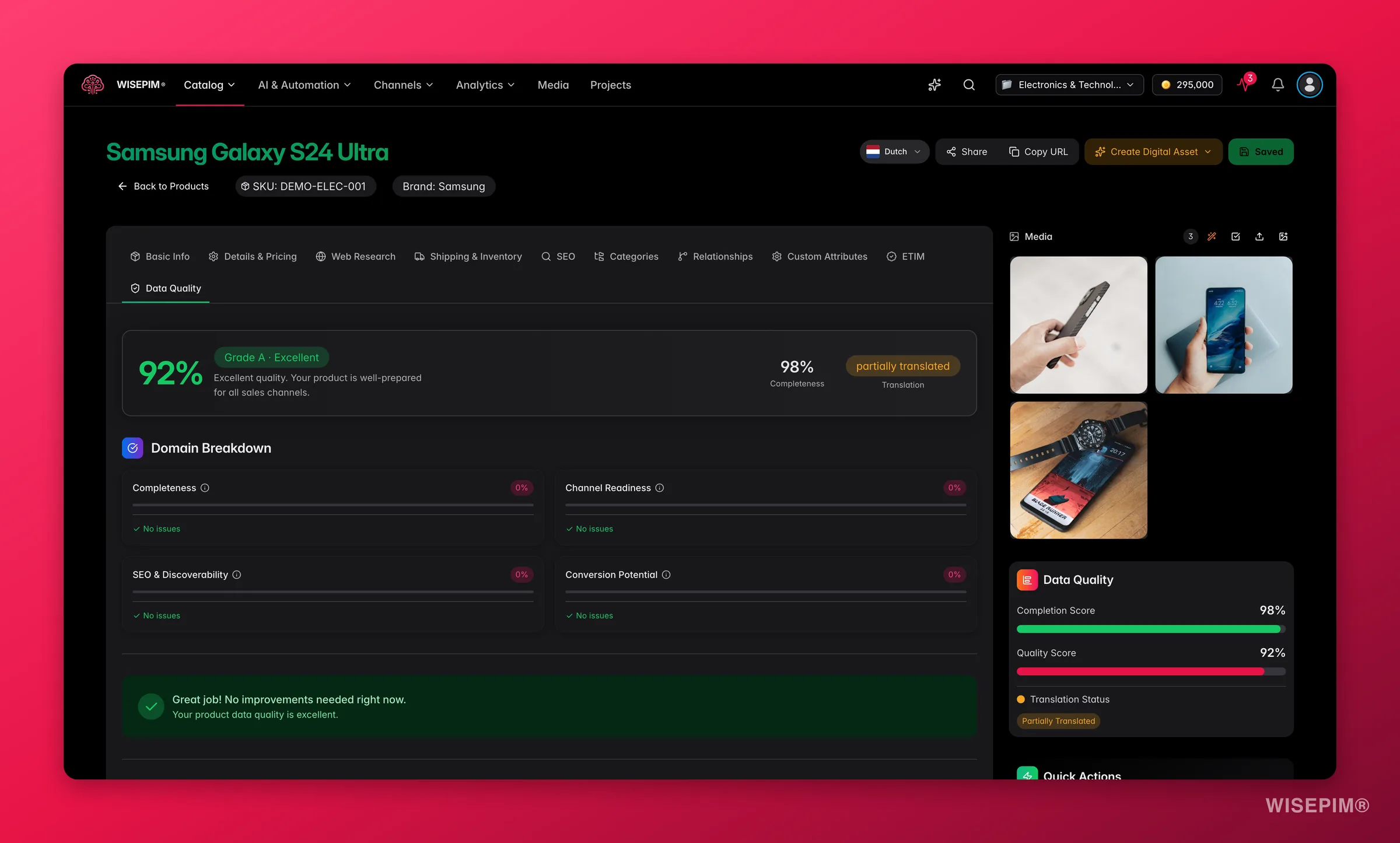 WISEPIM product editor Data Quality tab with domain scores and field-level recommendations