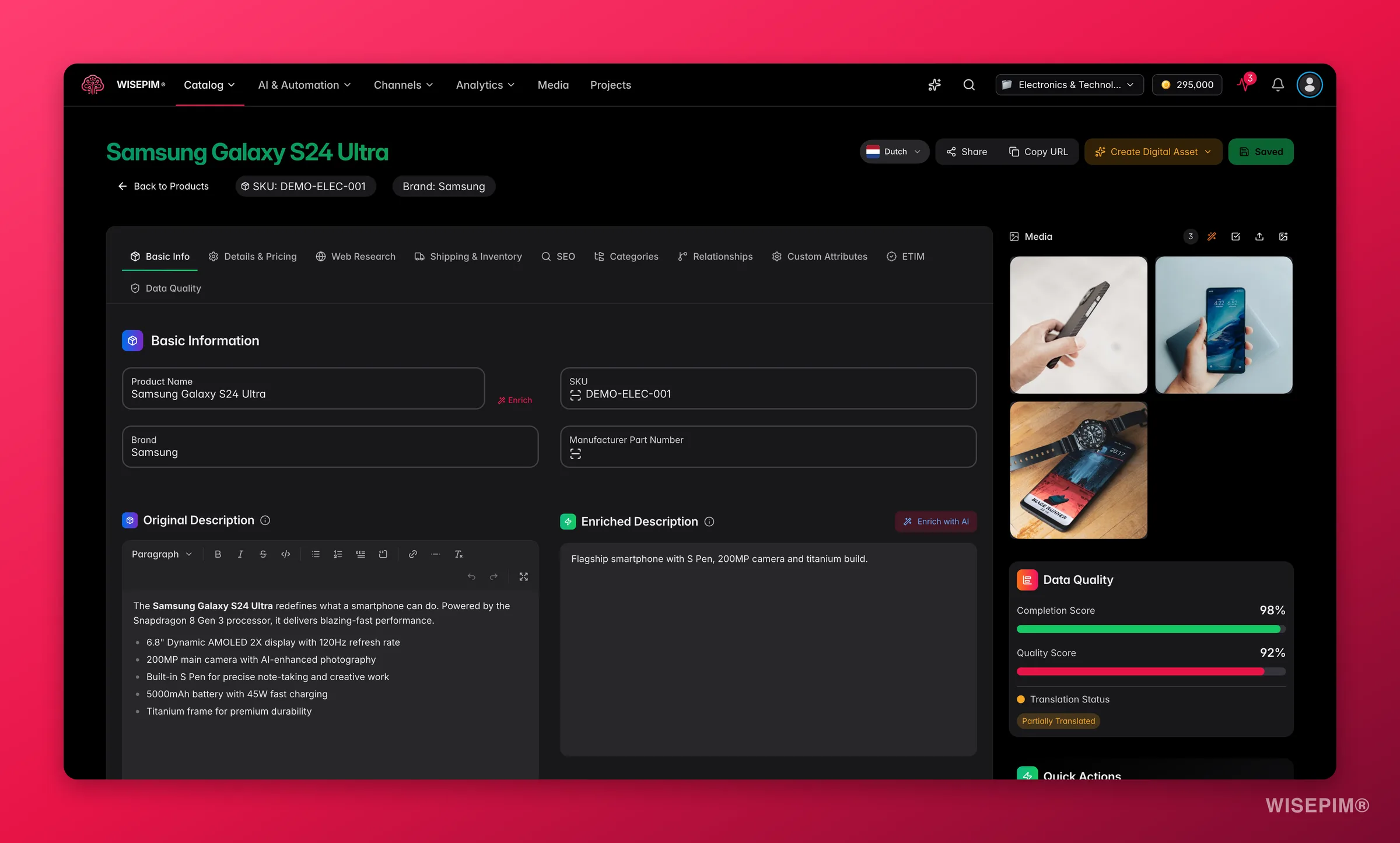 WISEPIM full product editor with tabbed sections and a live quality/completion sidebar