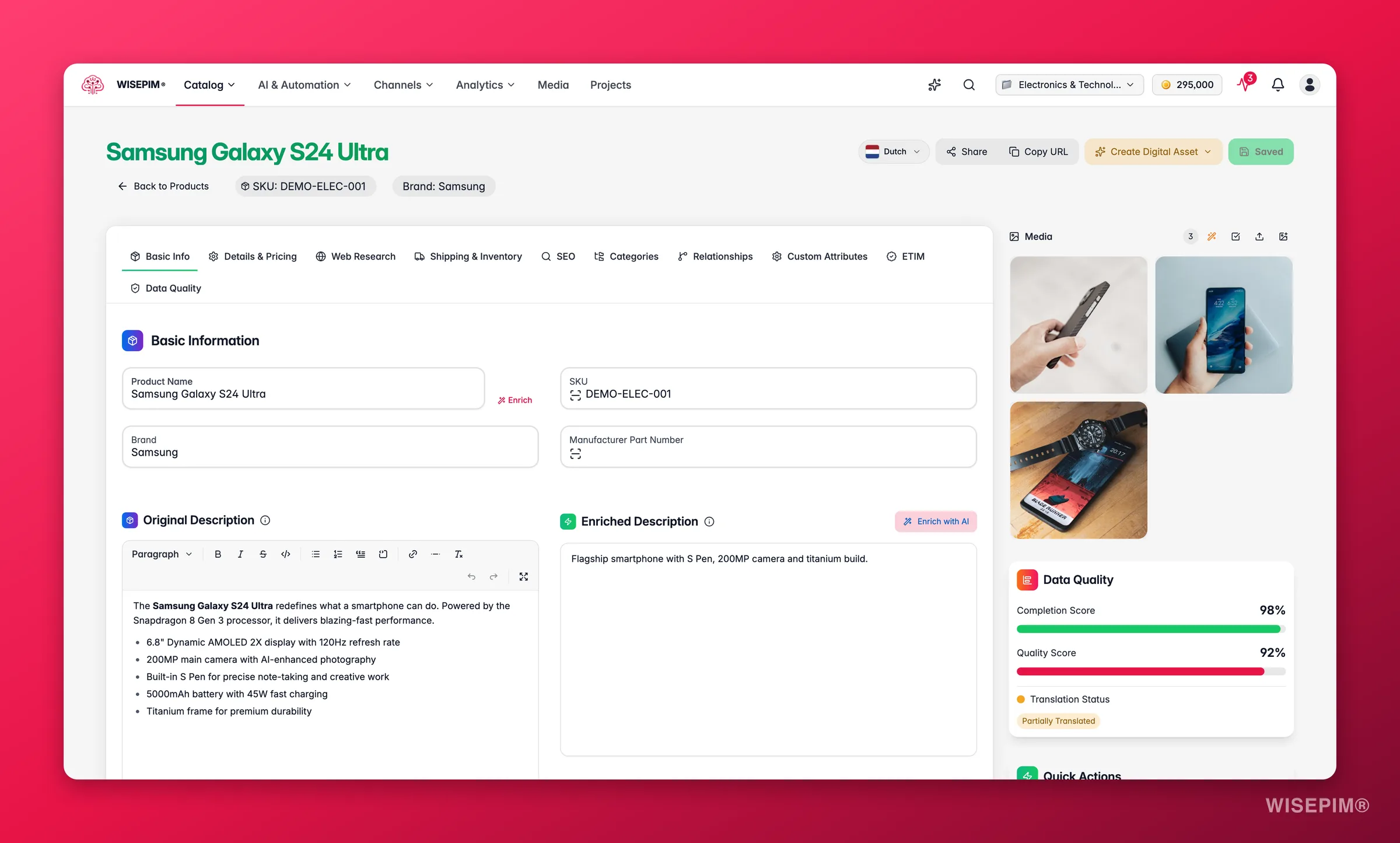 WISEPIM full product editor with tabbed sections and a live quality/completion sidebar
