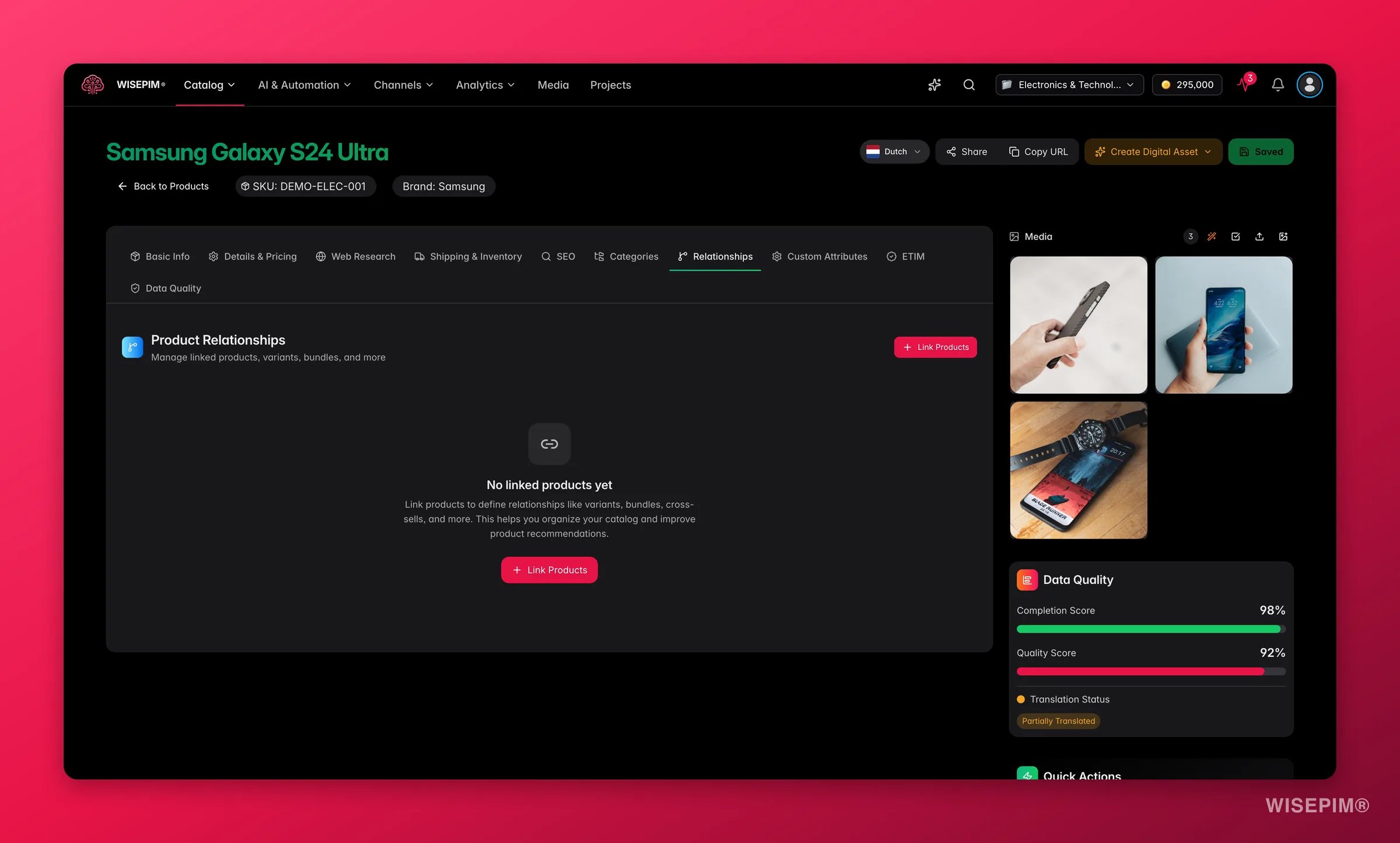 WISEPIM product editor Relationships tab linking variants, cross-sells and related products