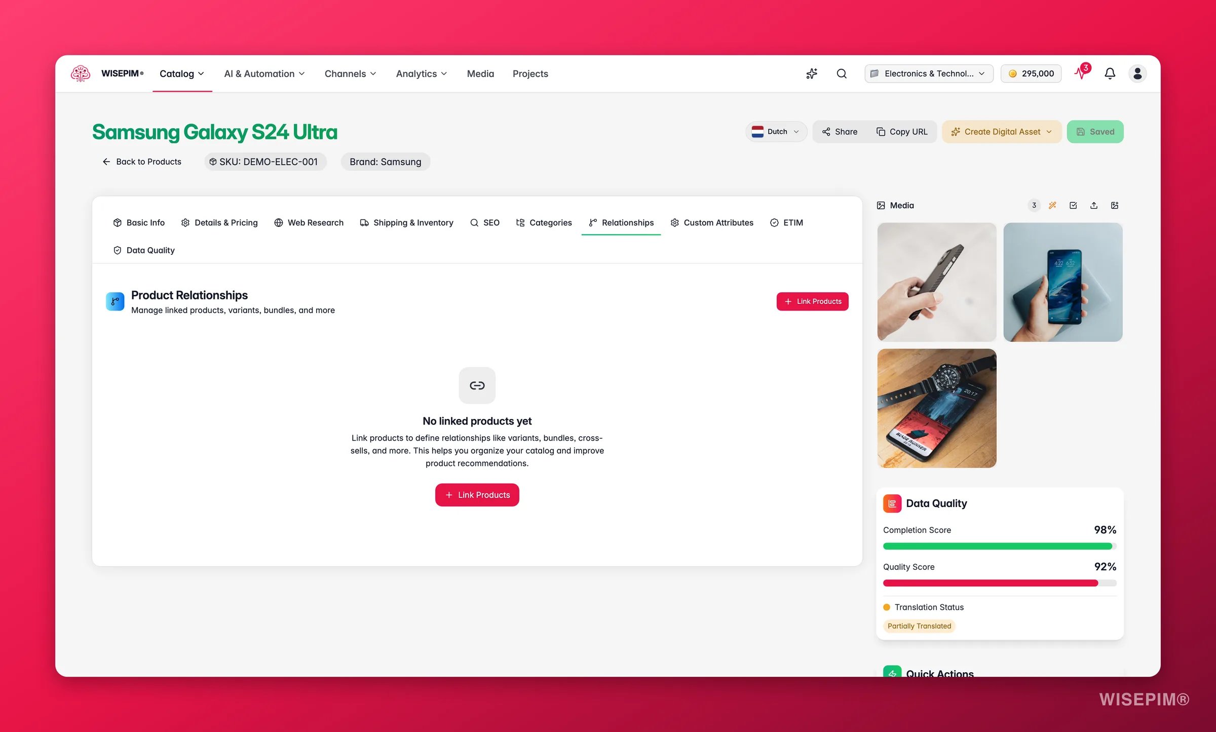 WISEPIM product editor Relationships tab linking variants, cross-sells and related products