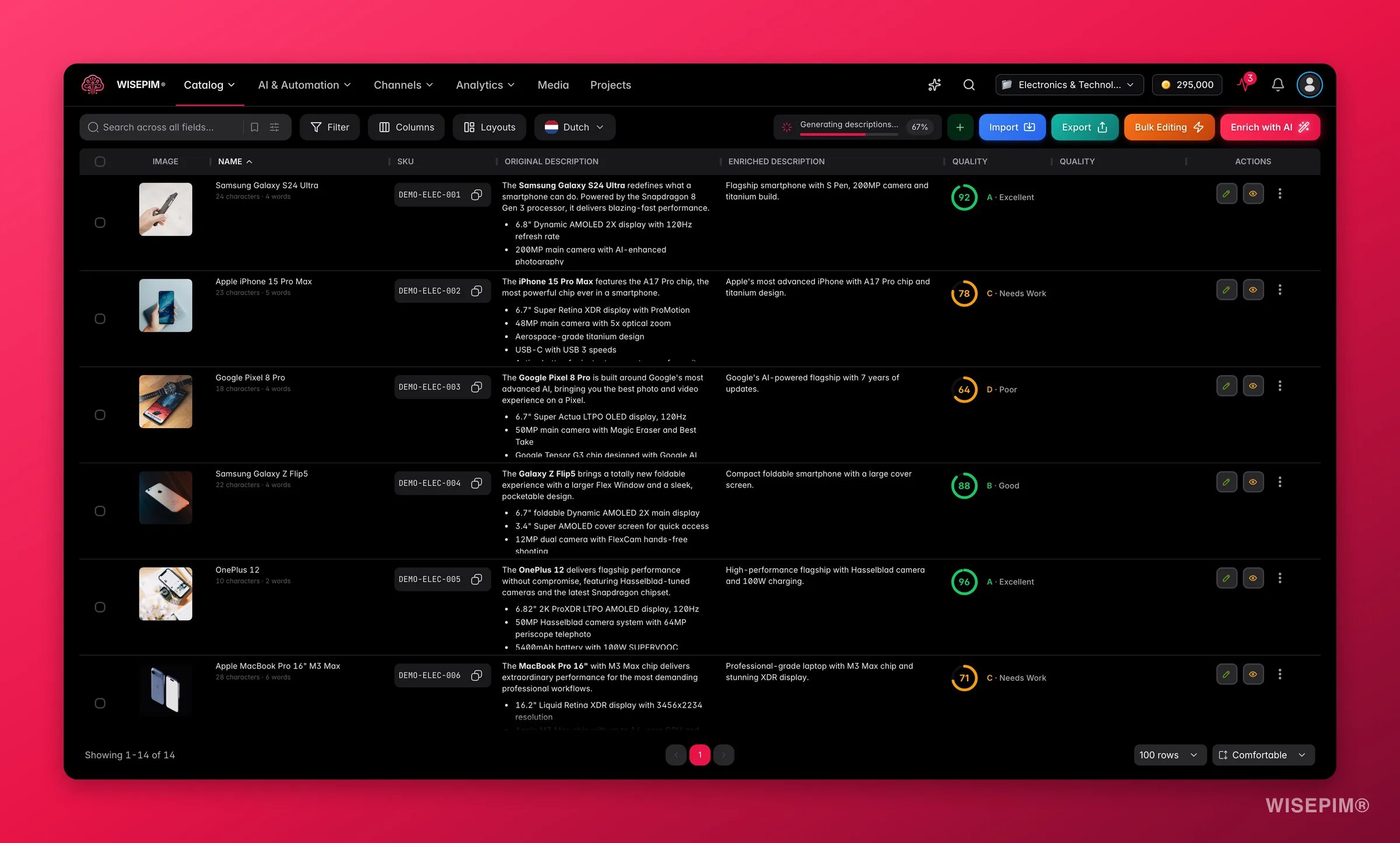 WISEPIM products table with images, categories, quality scores and bulk actions